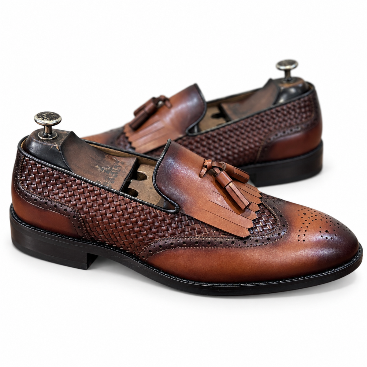 Cognac Royale Woven Wingtip Tassel Loafers