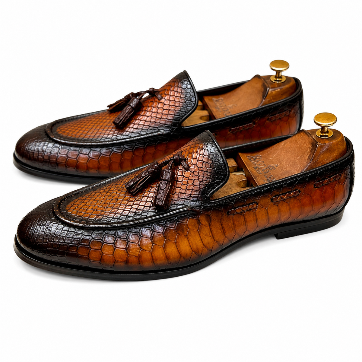 Python Embossed Loafers With Tassels Hand Finished