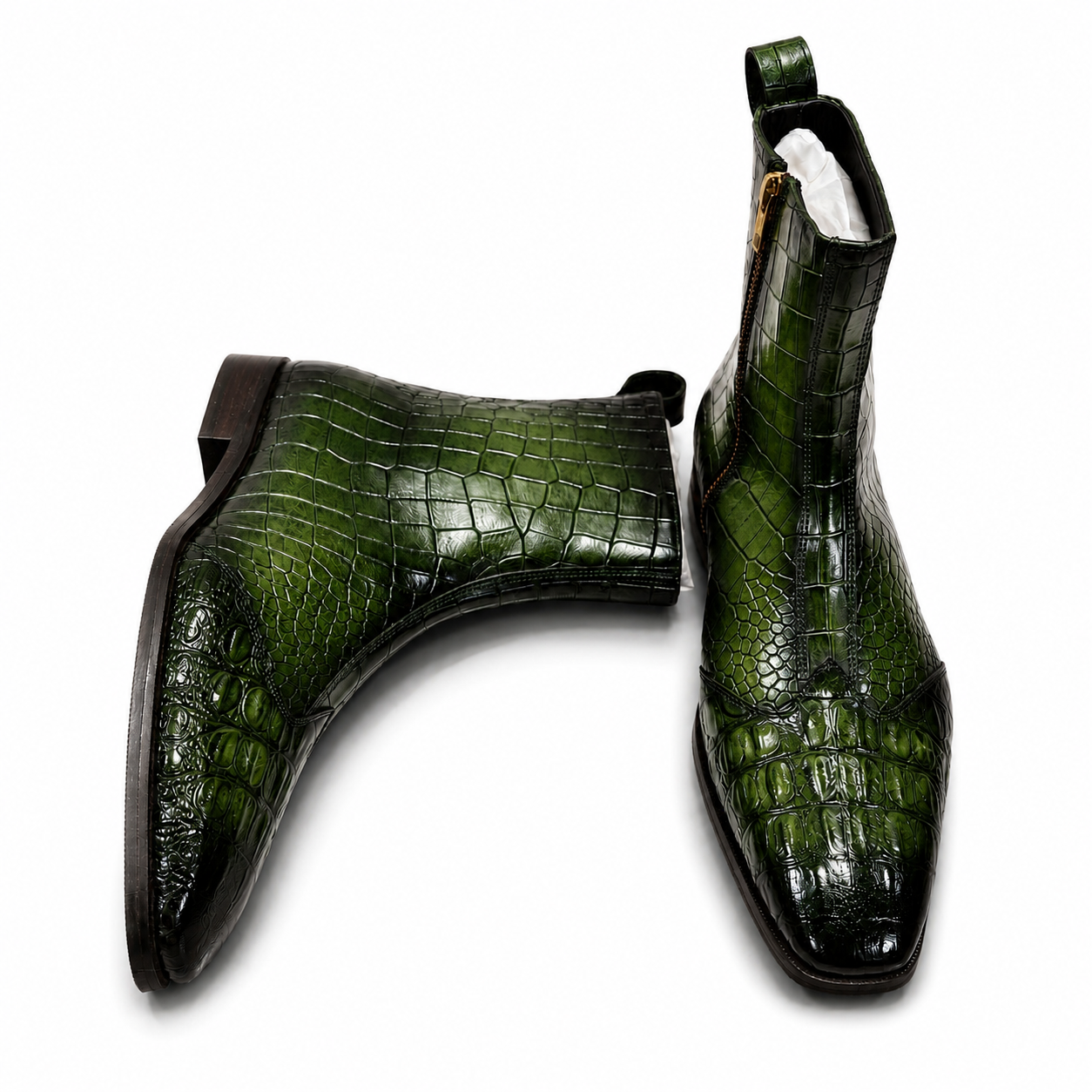 Forest Green Croc-Embossed Leather Chelsea Boots