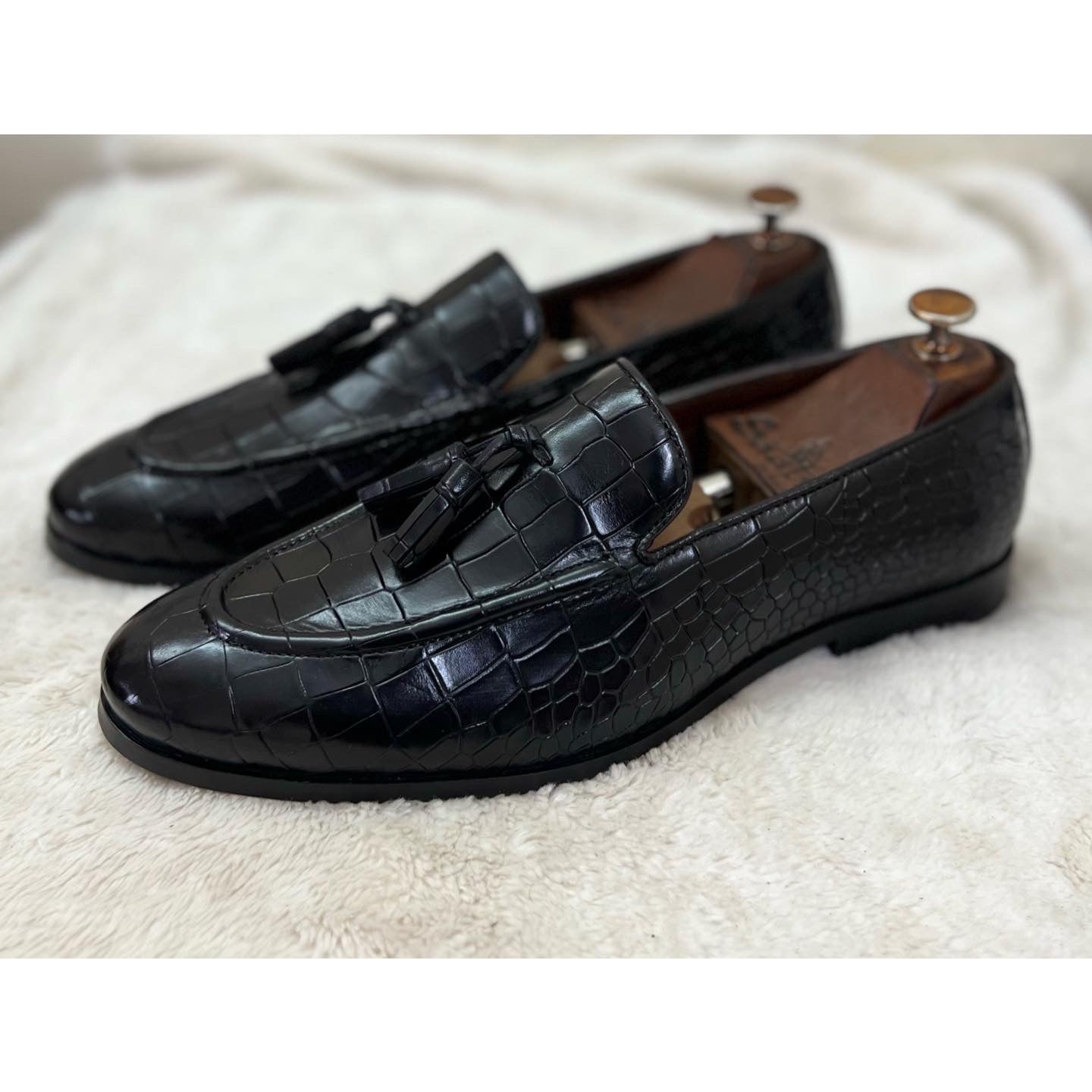 Black Crocodile Loafers With Tassels