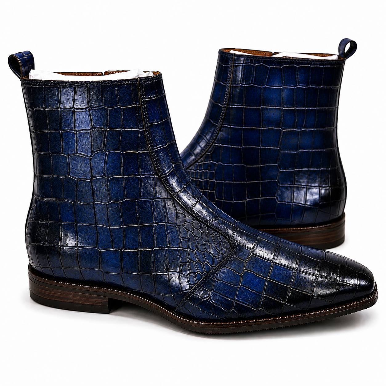 Midnight Blue Croco Embossed Leather Ankle Boots