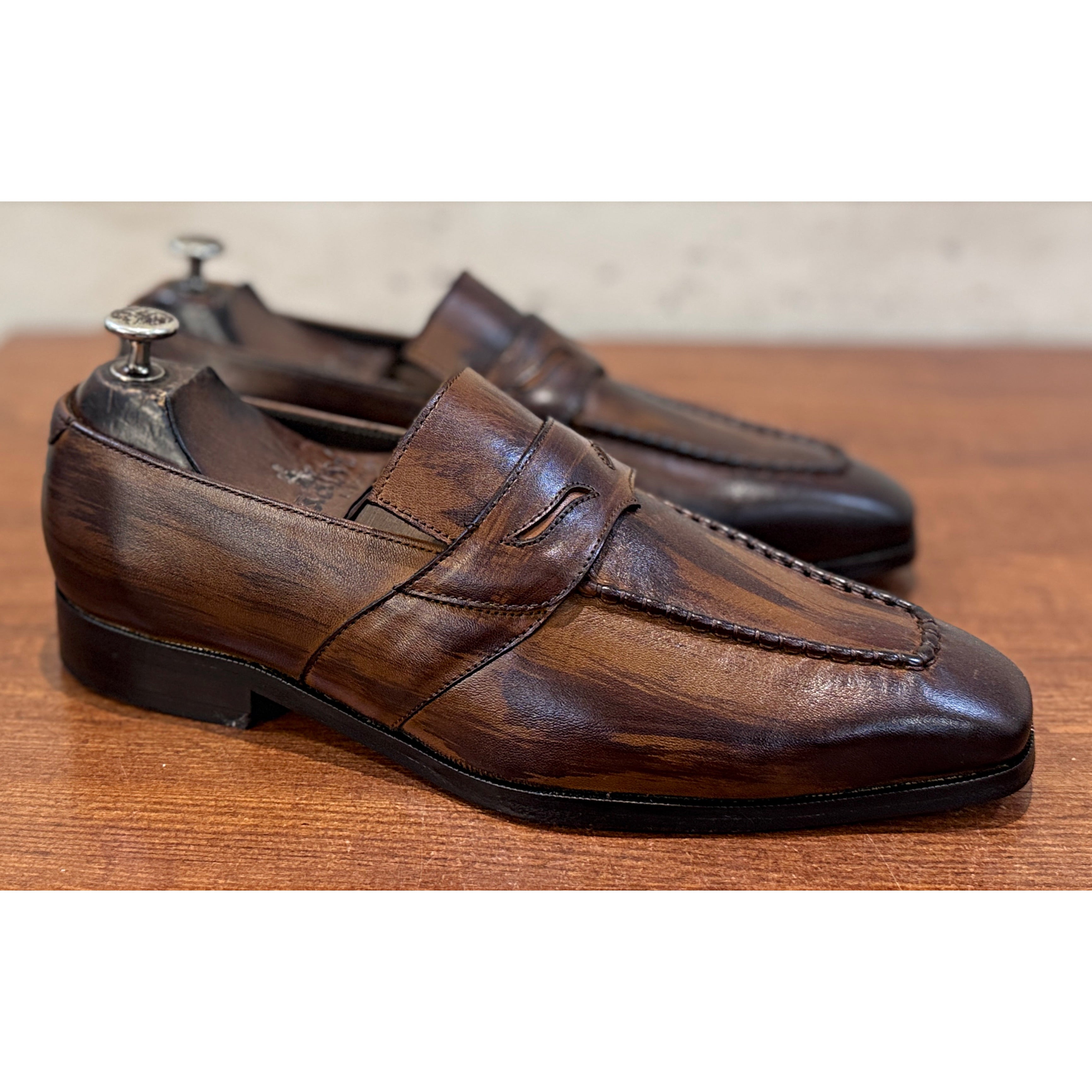 The Lorenzo Patina Loafer – Handmade Burnished Brown Penny Loafers