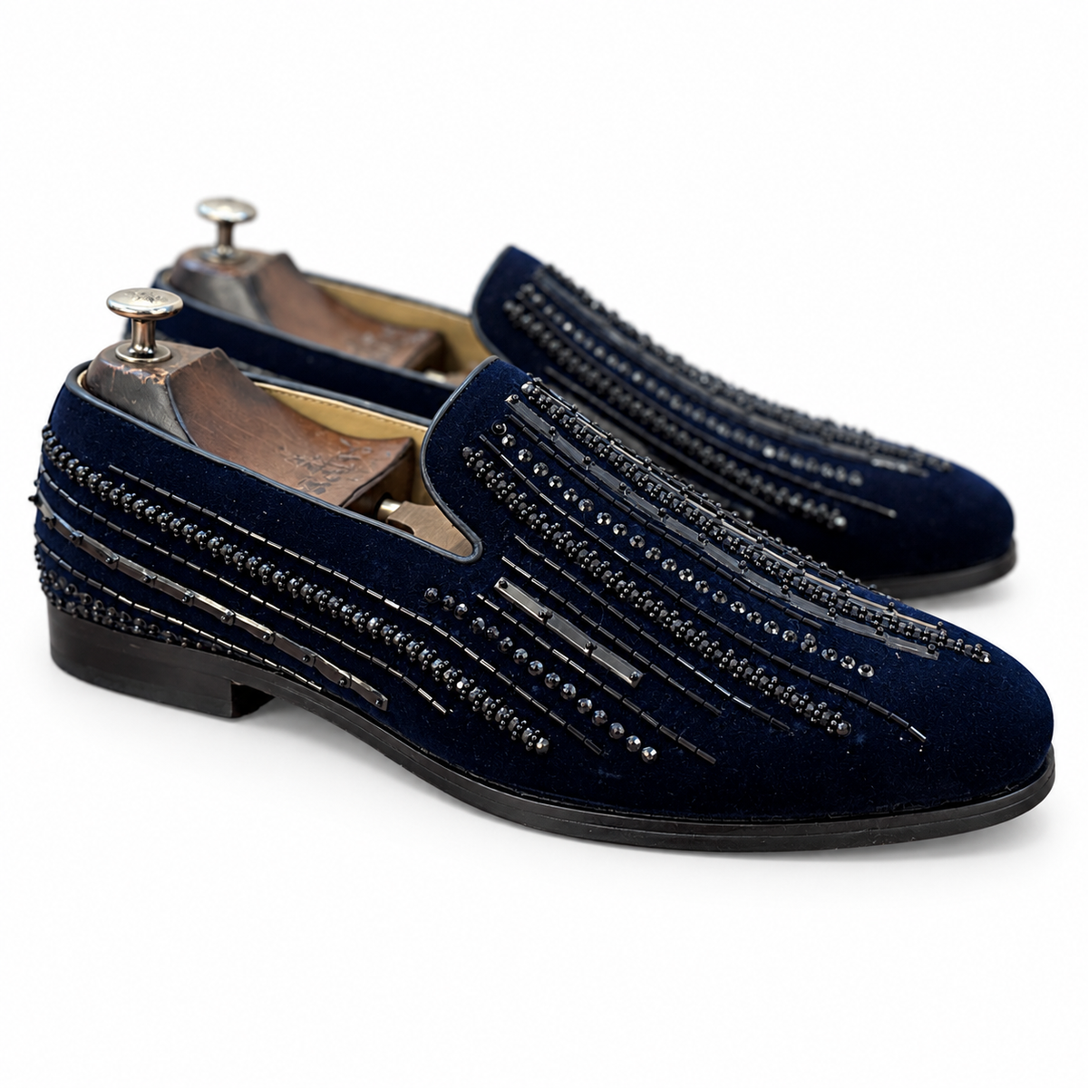 Barone Coal Navy Embroidered Velvet Loafers