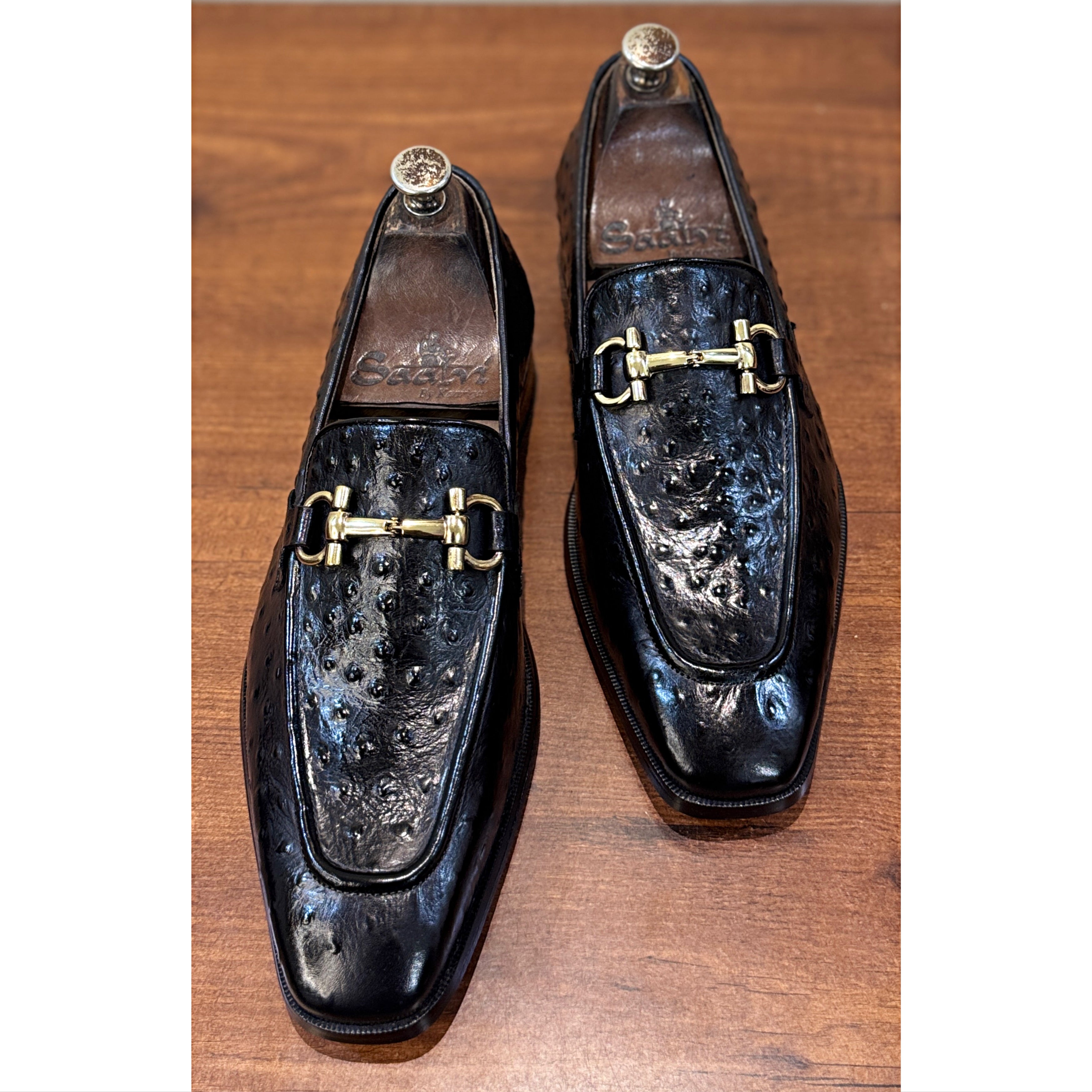 Men’s Black Ostrich-Embossed Leather Horsebit Loafers – Luxury Slip-On Formal Shoes