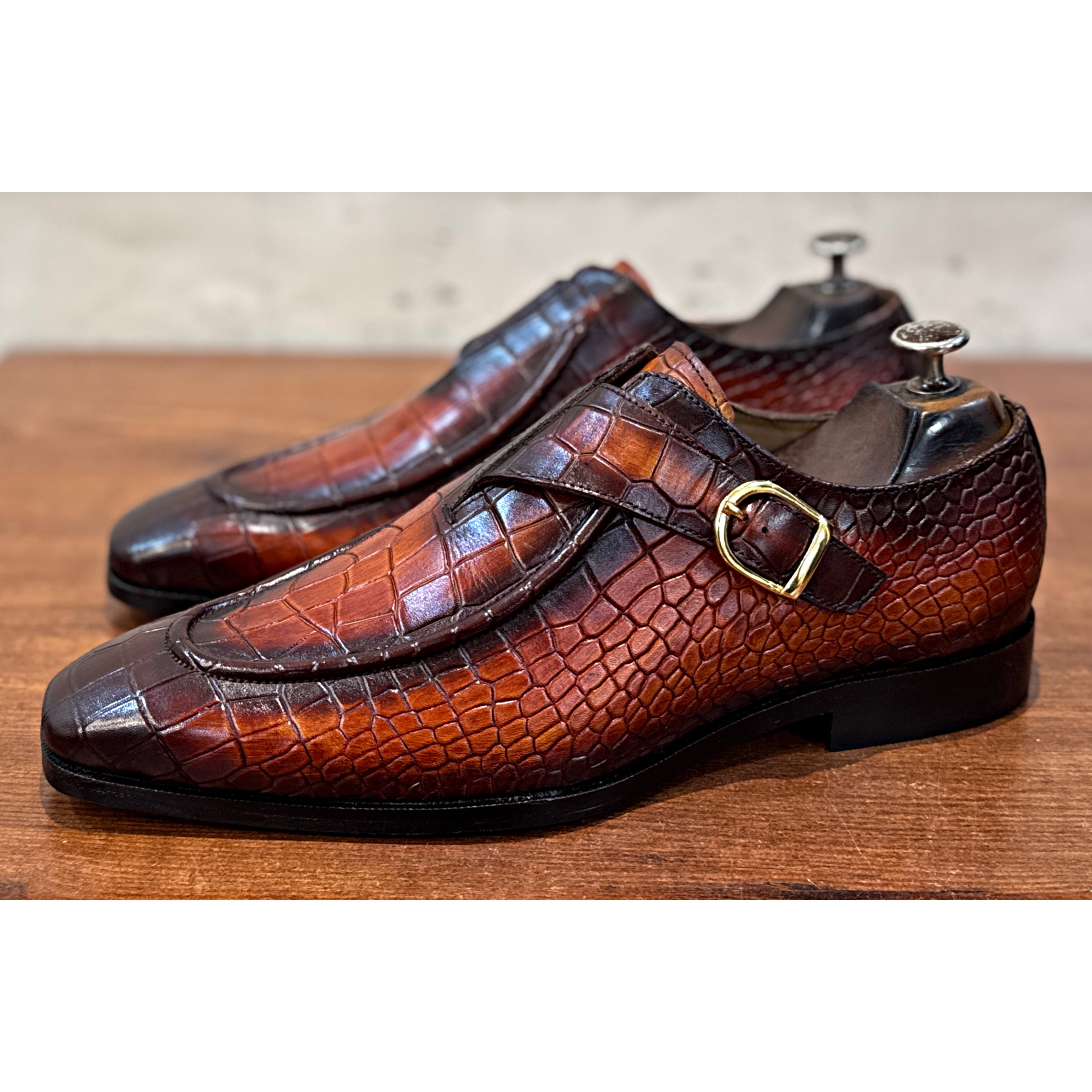 British Croc Patina Single Monk Shoes – Cognac