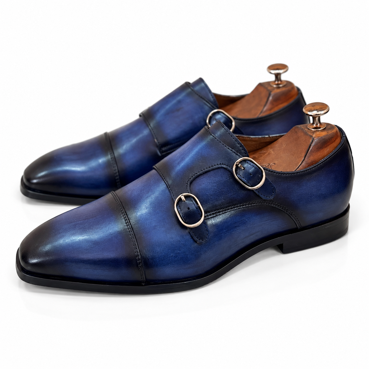 Cobalt Sovereign – Midnight Blue Hand-Patina Double Monk Strap