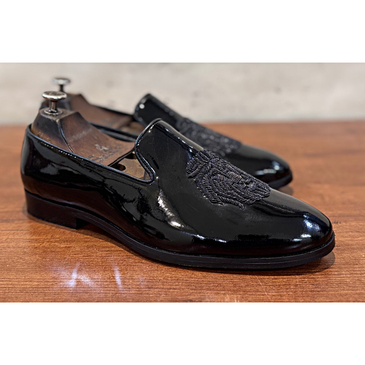 Black Patent Lion Black Zardosi Slipons