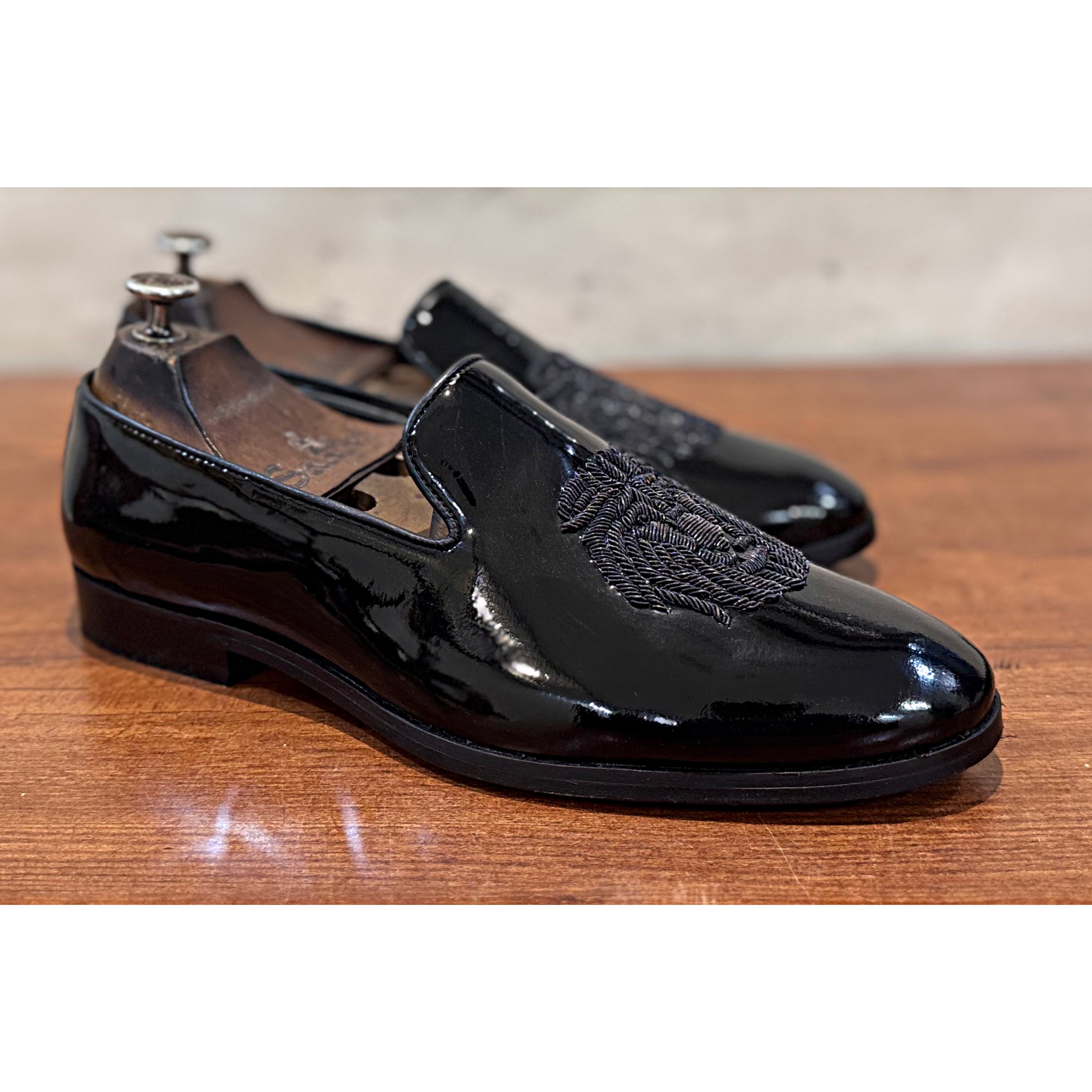 Black Patent Lion Black Zardosi Slipons