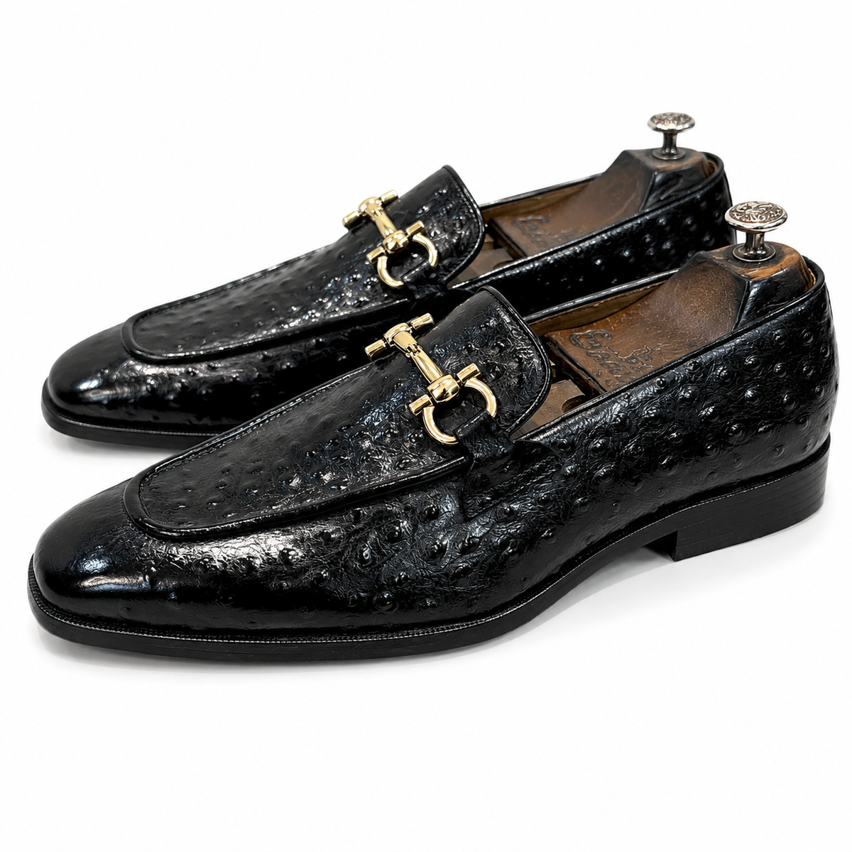 Men’s Black Ostrich-Embossed Leather Horsebit Loafers – Luxury Slip-On Formal Shoes