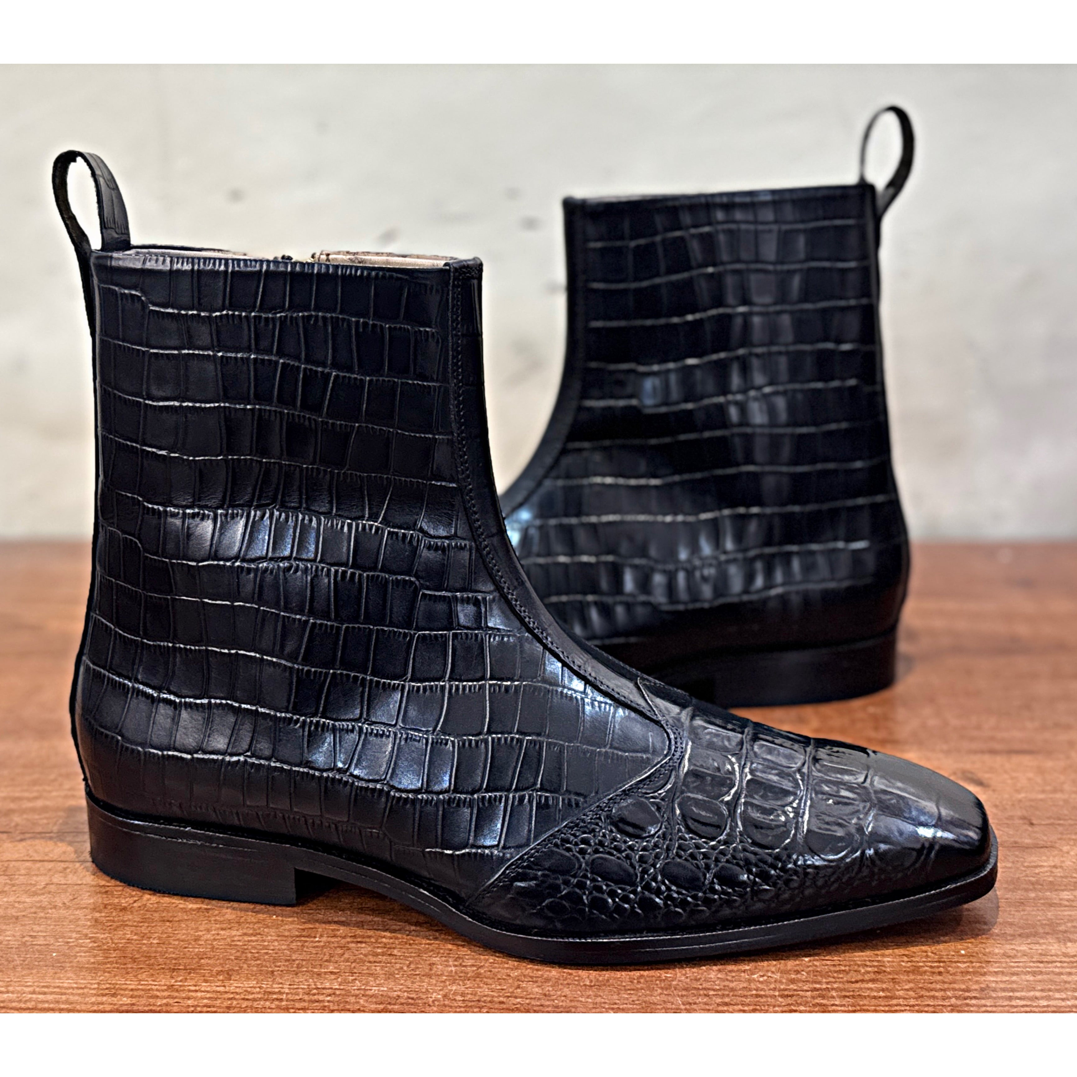 Obsidian Croc Zip Boots – Luxury Black Embossed Ankle Boots