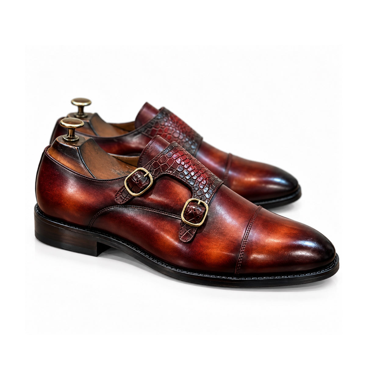 Bordeaux Hand-Patina Double Monk Shoes