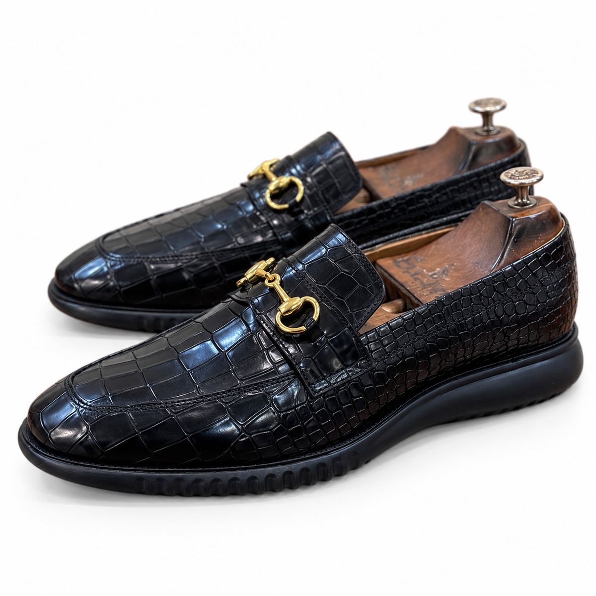 Noir Croco Lug-Sole Horsebit Loafers