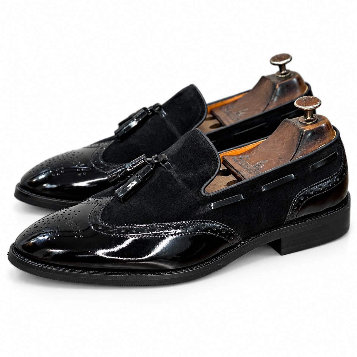 Noir Regent Patent Wingtip Tassel Loafers
