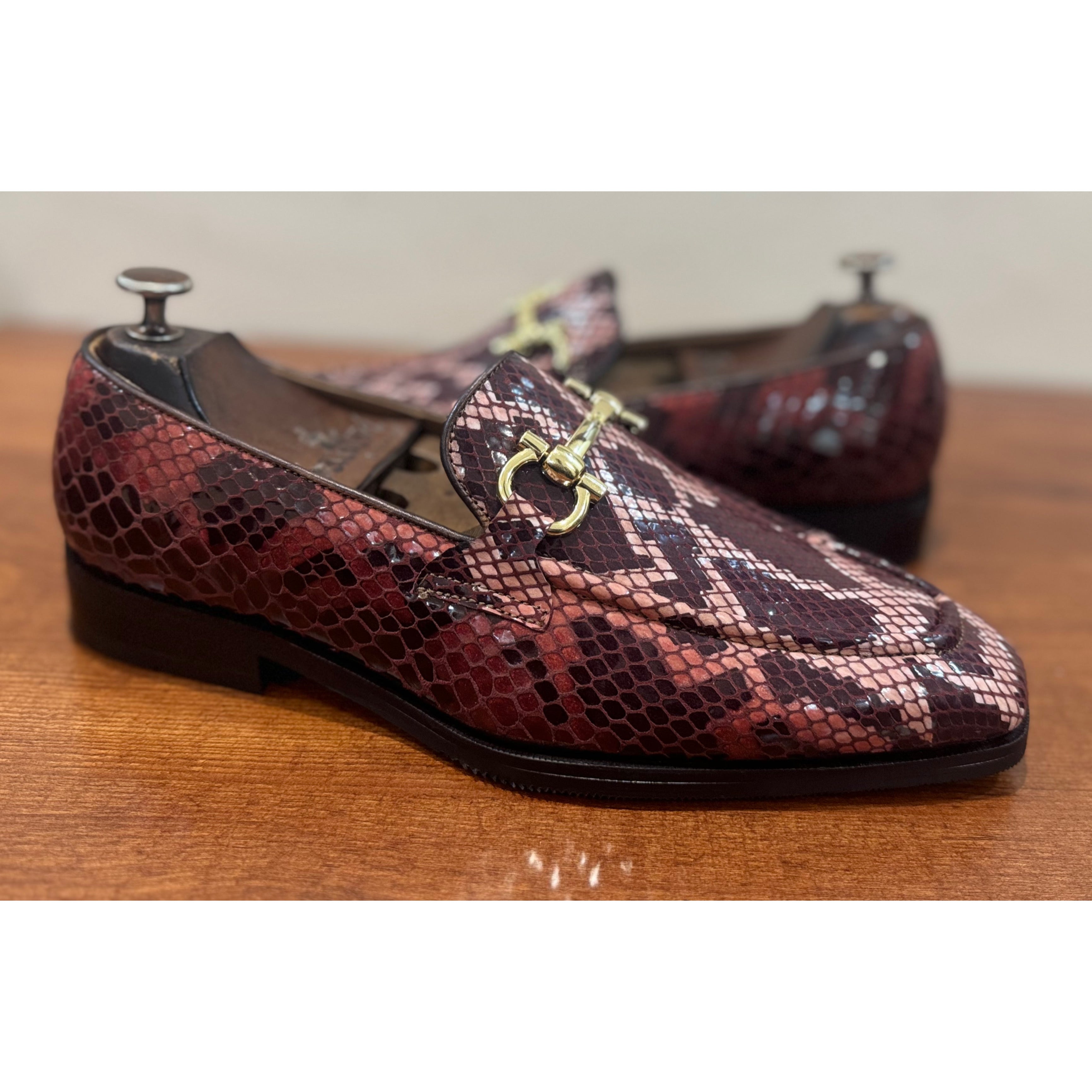 Saalvi Ellis Red Snake Print Loafers