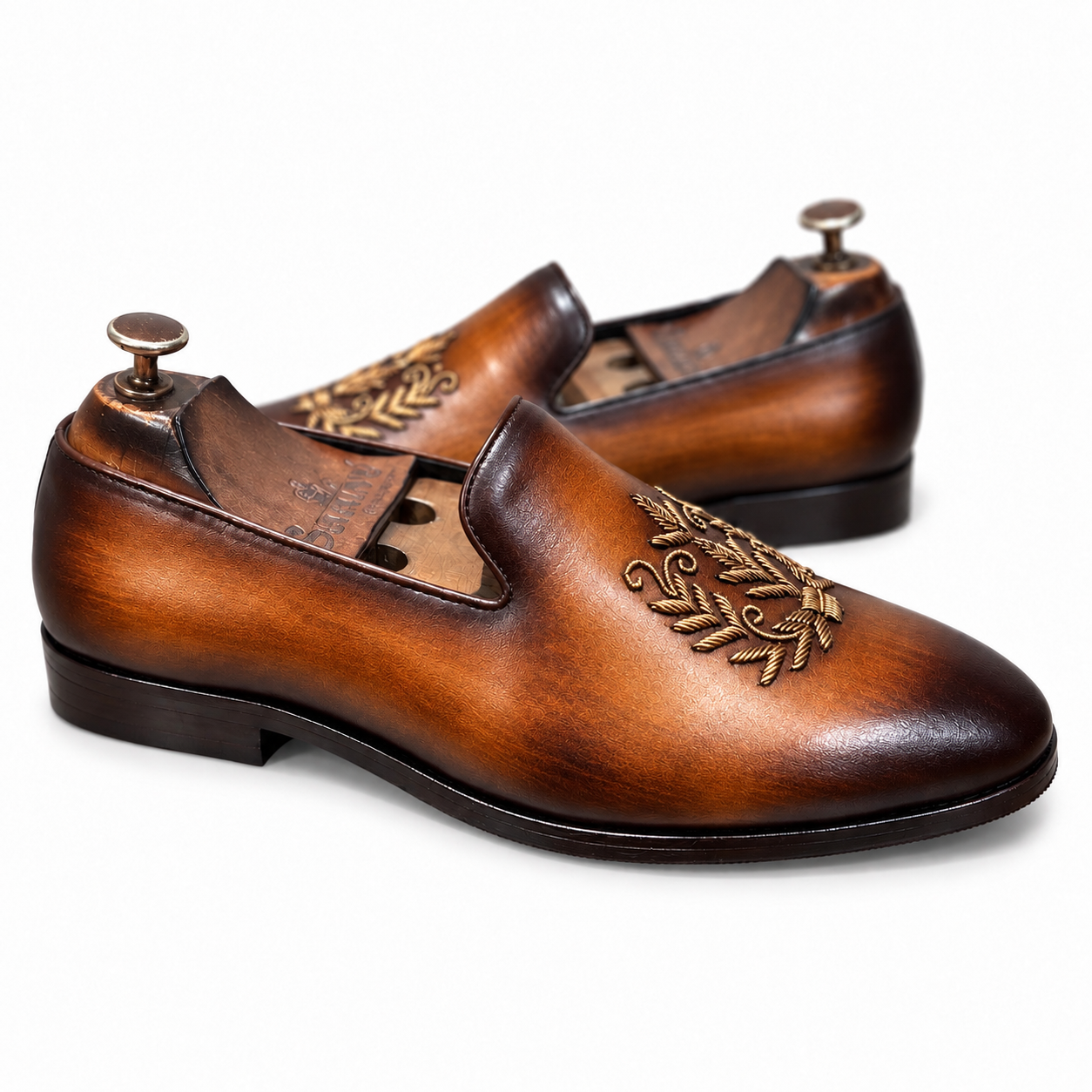Saalvi Aurelian Cognac Brown Handcrafted Leather Zardosi Loafers