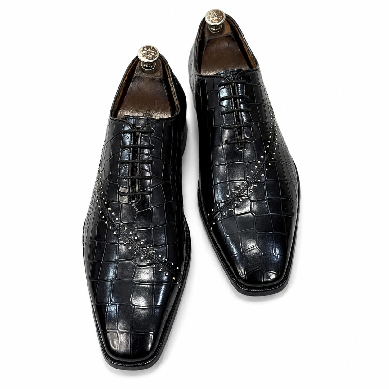 Black Croc-Embossed Leather Oxford Shoes – Luxury Studded Formal Dress Shoes