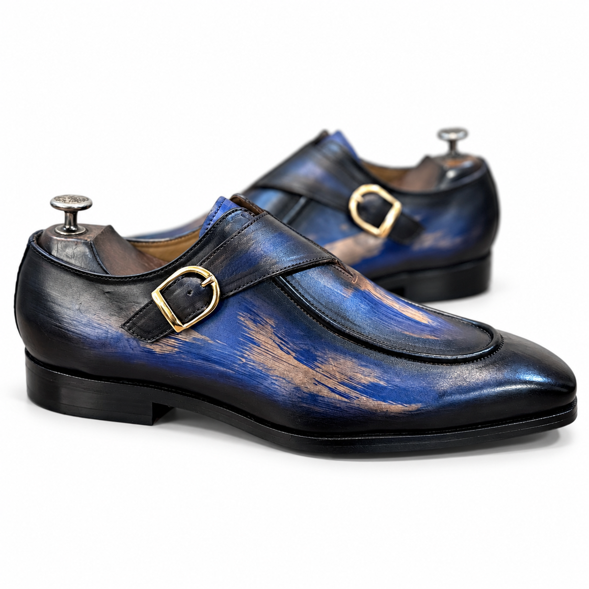 Azure Monarch Patina Monk Strap Shoes
