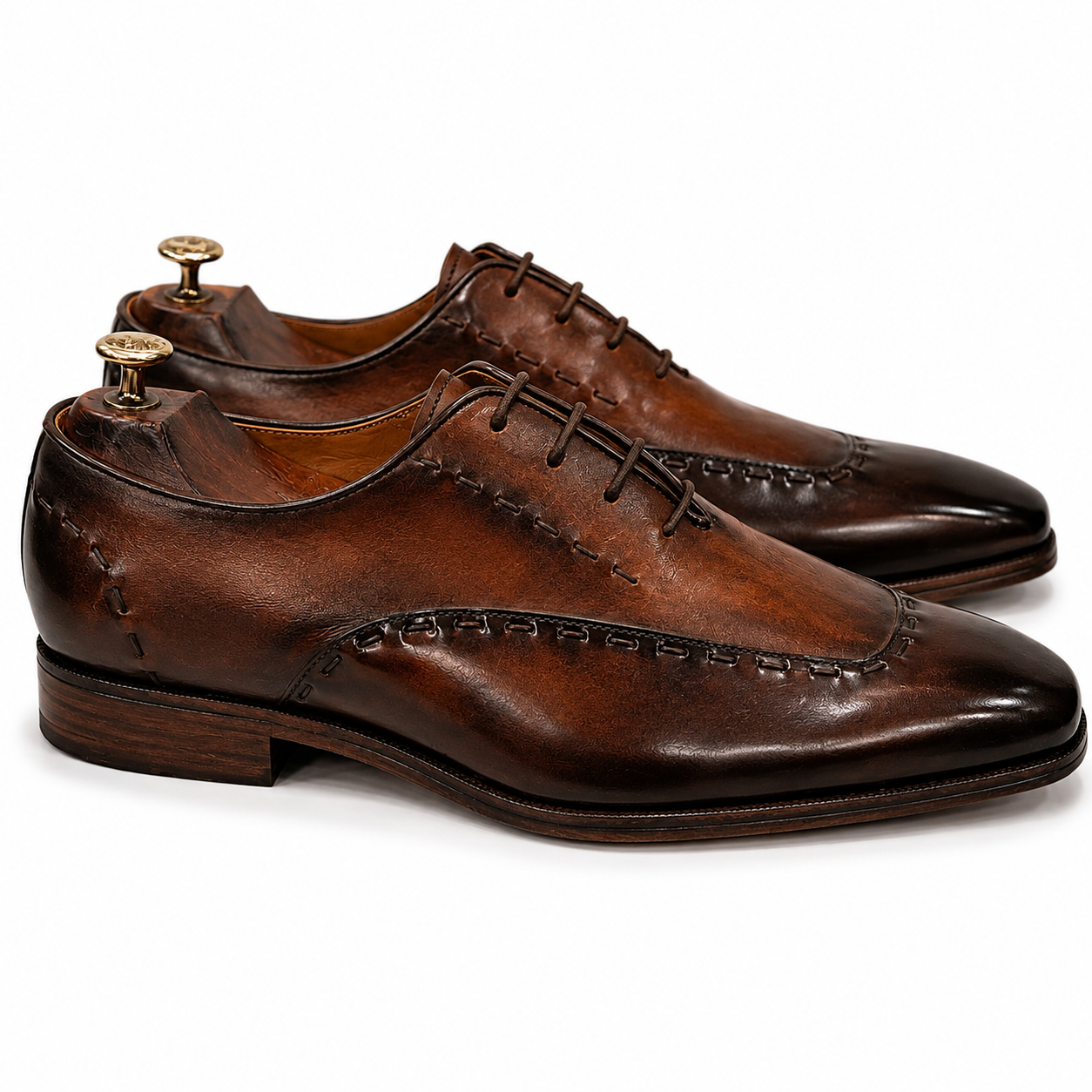 Royal Burnished Brown Leather Apron Toe Derby Shoes