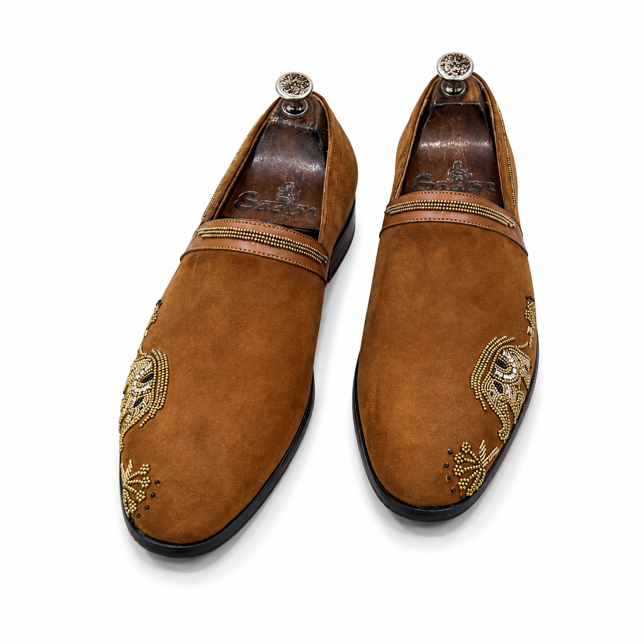 Cognac Elephant Embroidered Beaded Loafers
