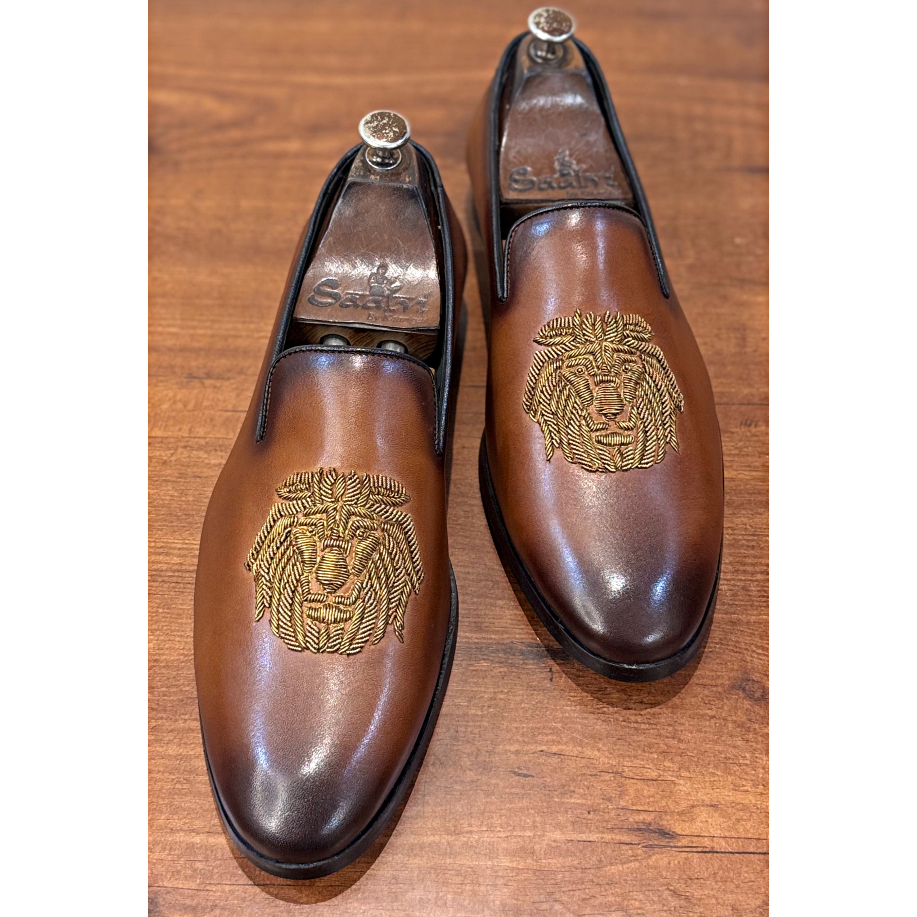 Tan Brown Lion Zardosi Slipons