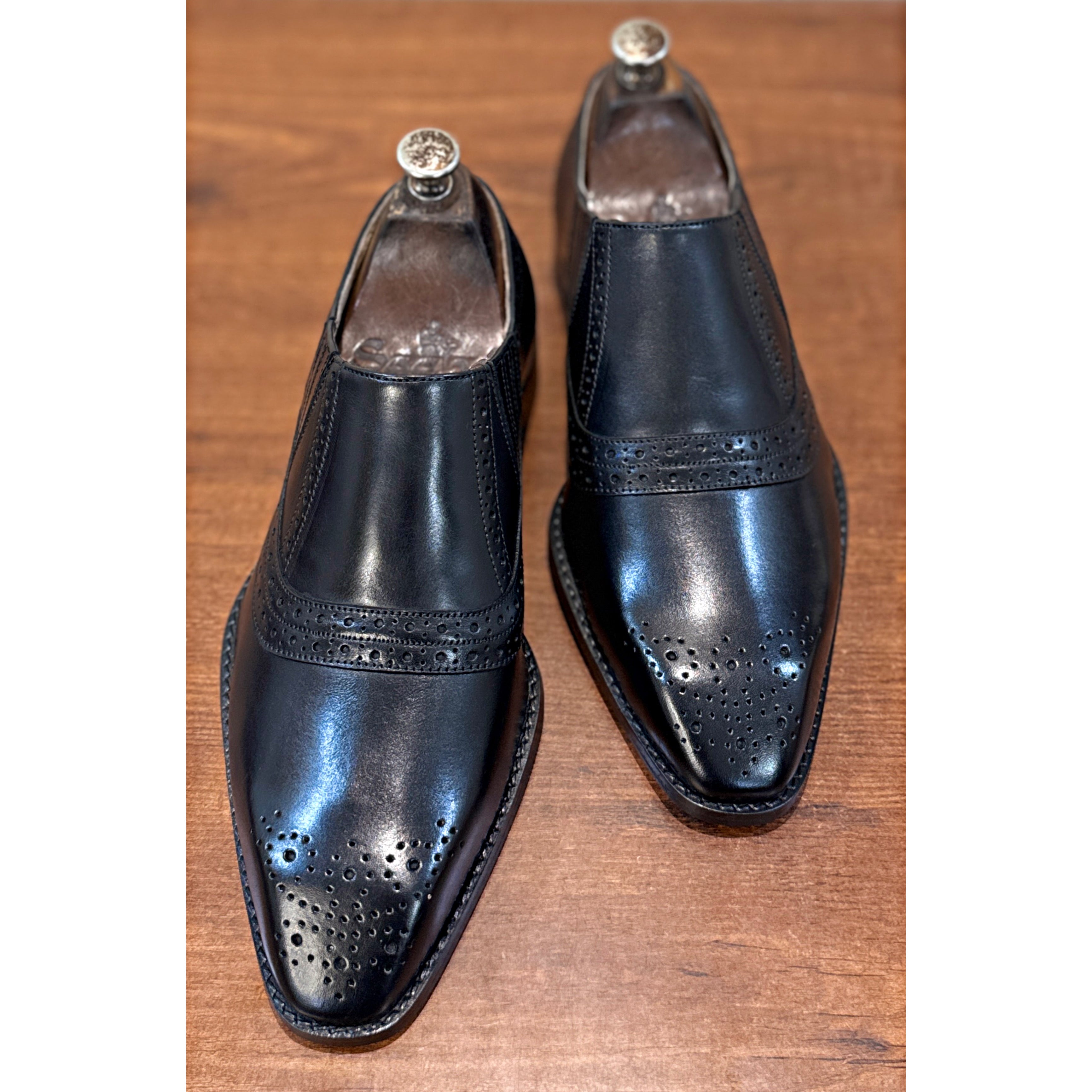 Black Leather Slip-On Brogue Shoes – Luxury Wingtip Formal Dress Shoes