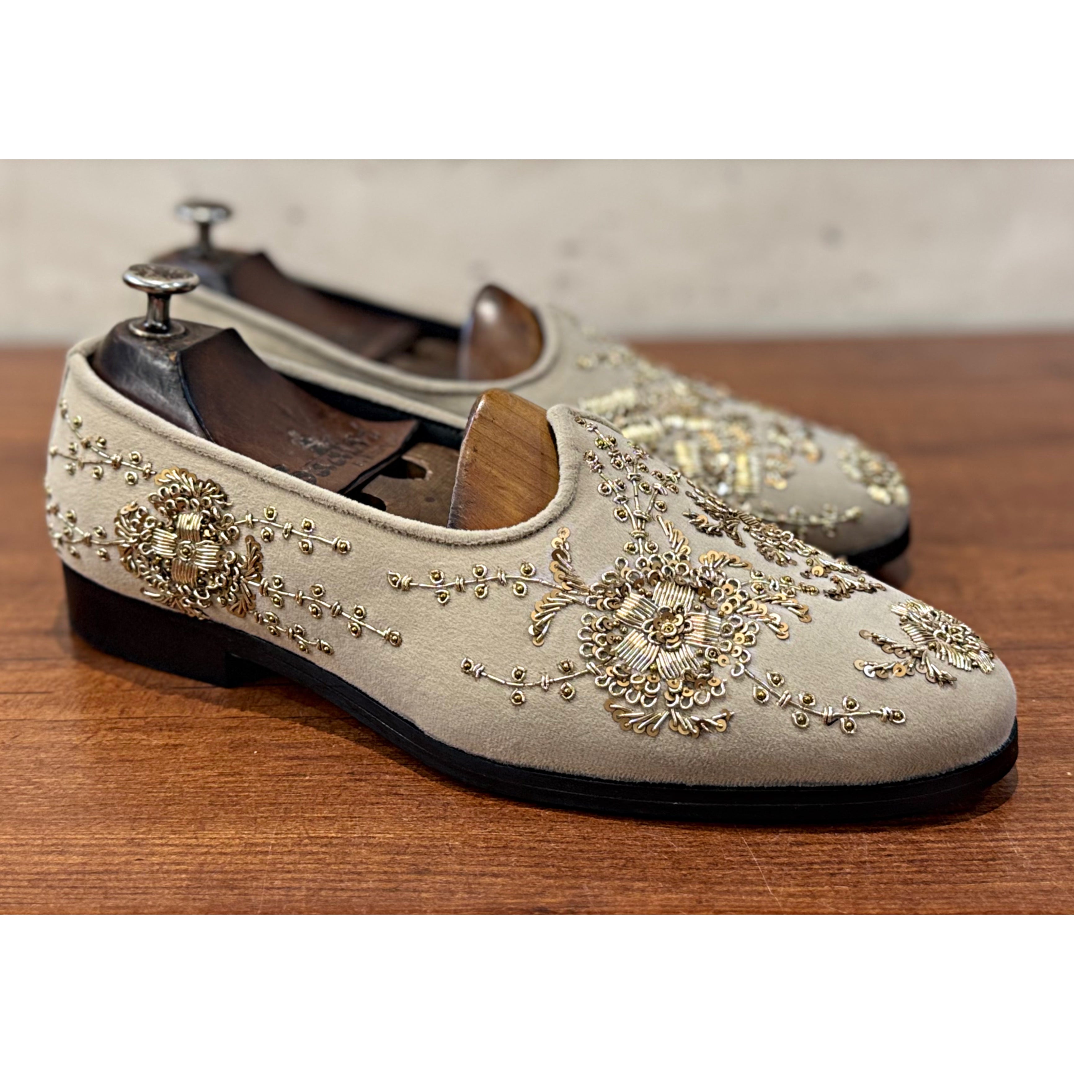 Cream Velvet Gold Zardosi Embroidery