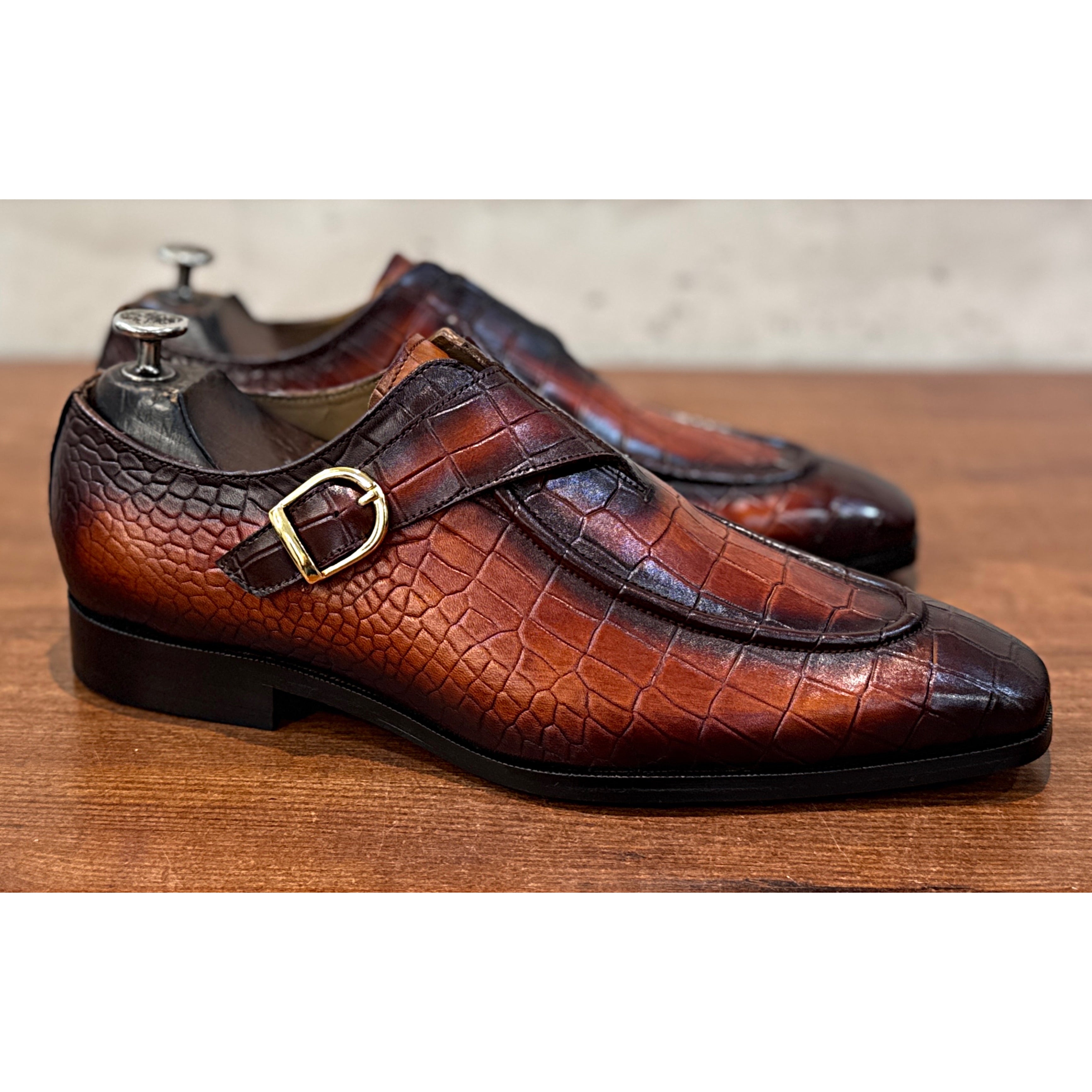 British Croc Patina Single Monk Shoes – Cognac