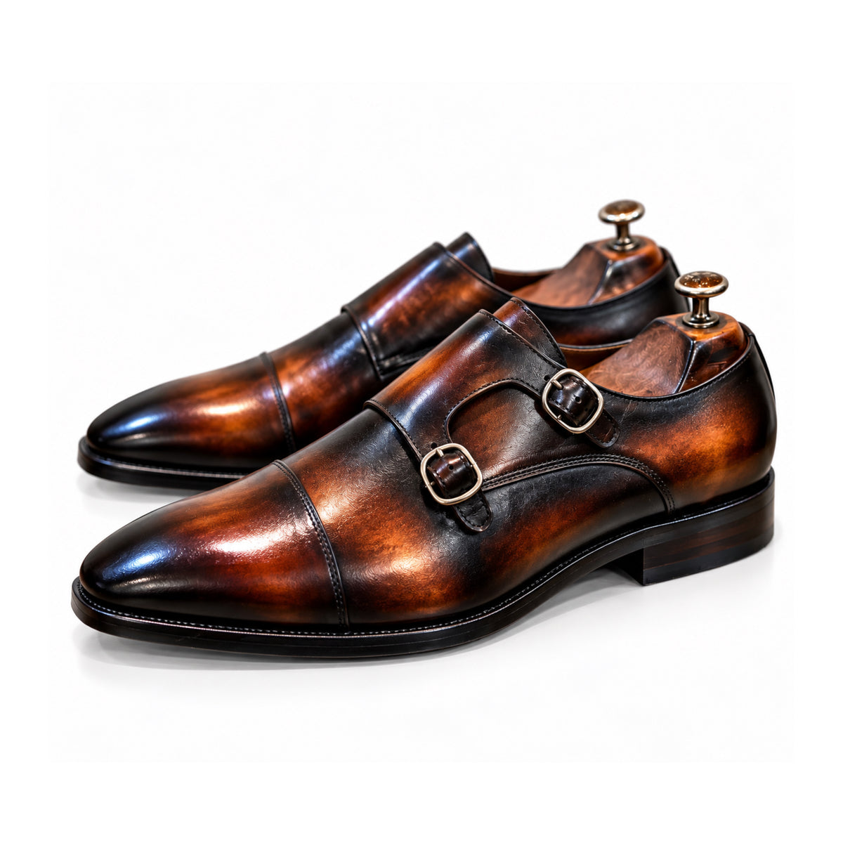 Bourbon Noir Hand-Patina Double Monk Strap Shoes