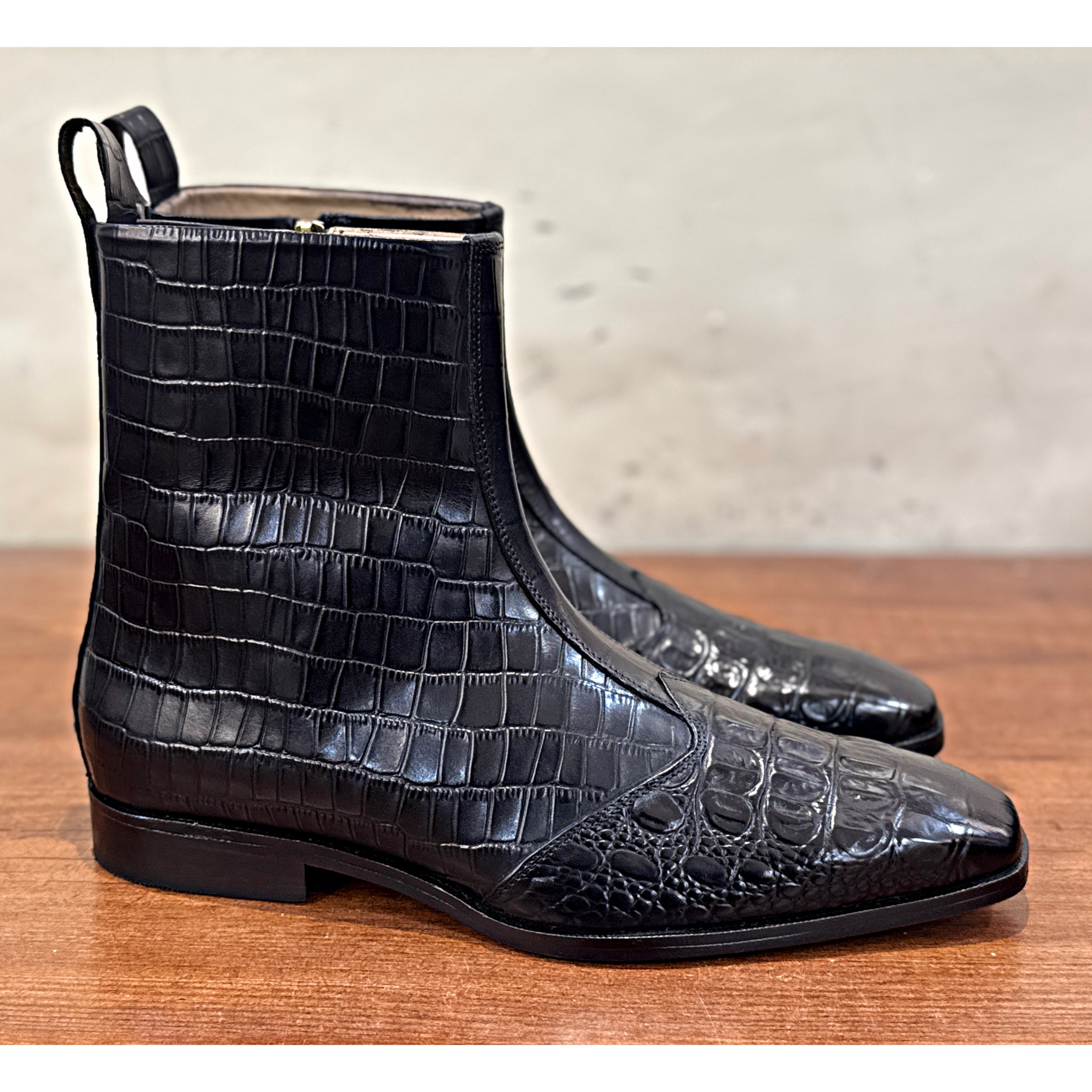 Obsidian Croc Zip Boots – Luxury Black Embossed Ankle Boots