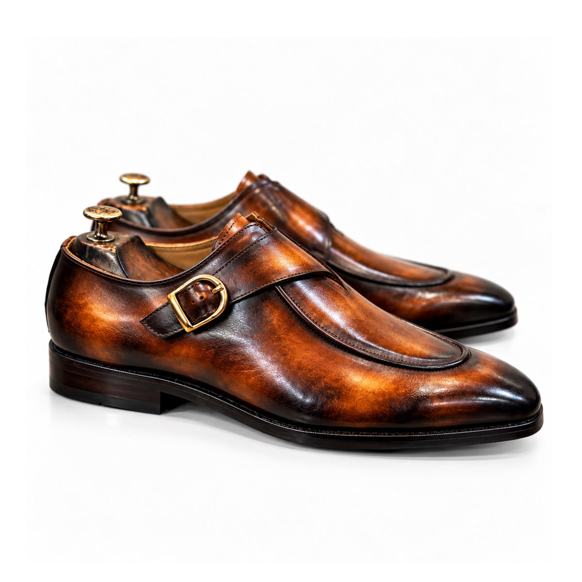 Cognac Royale Hand-Patina Single Monk Shoes