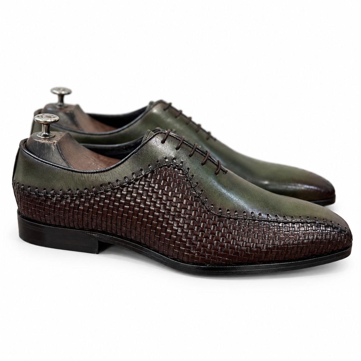 Verde Marrone Woven Leather Lace-Up Shoes