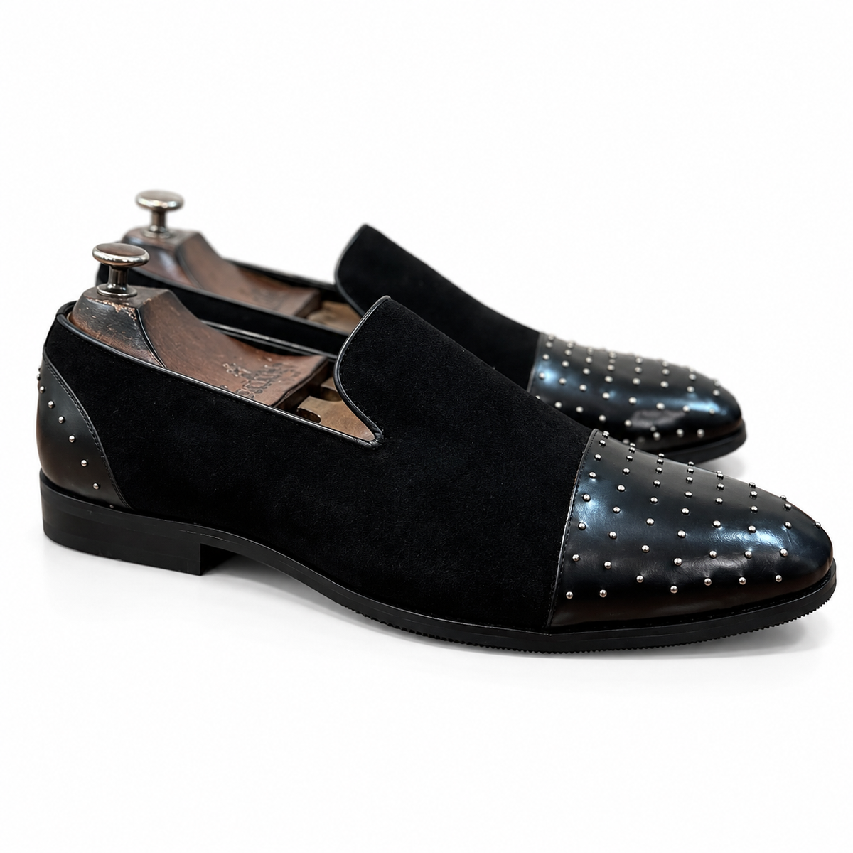 Saalvi Obsidian Noir Studded Suede Loafers