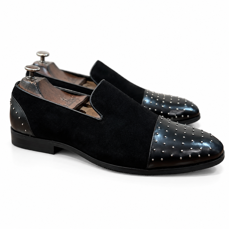 Saalvi Obsidian Noir Studded Suede Loafers