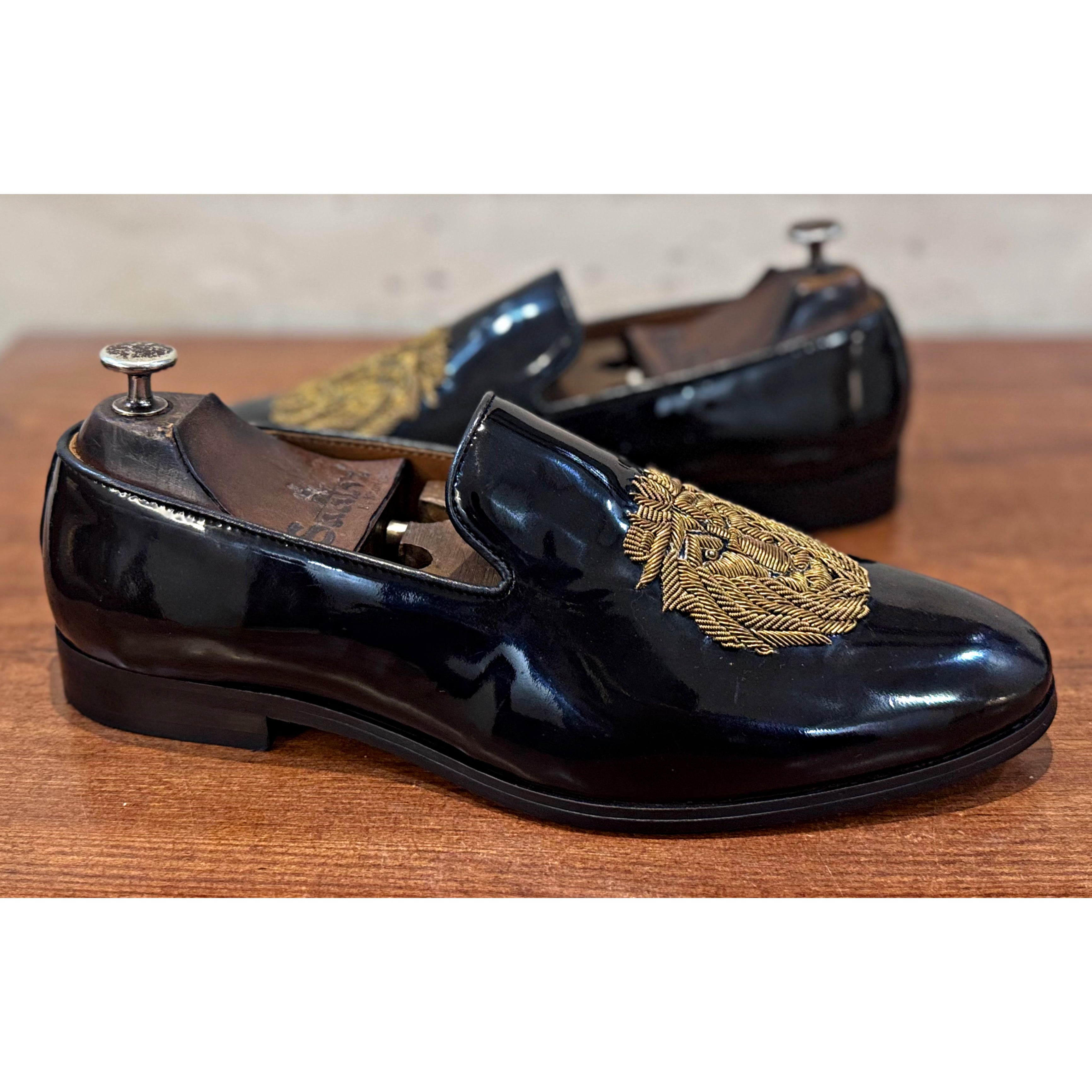 Black Patent Lion Zardosi Slipons