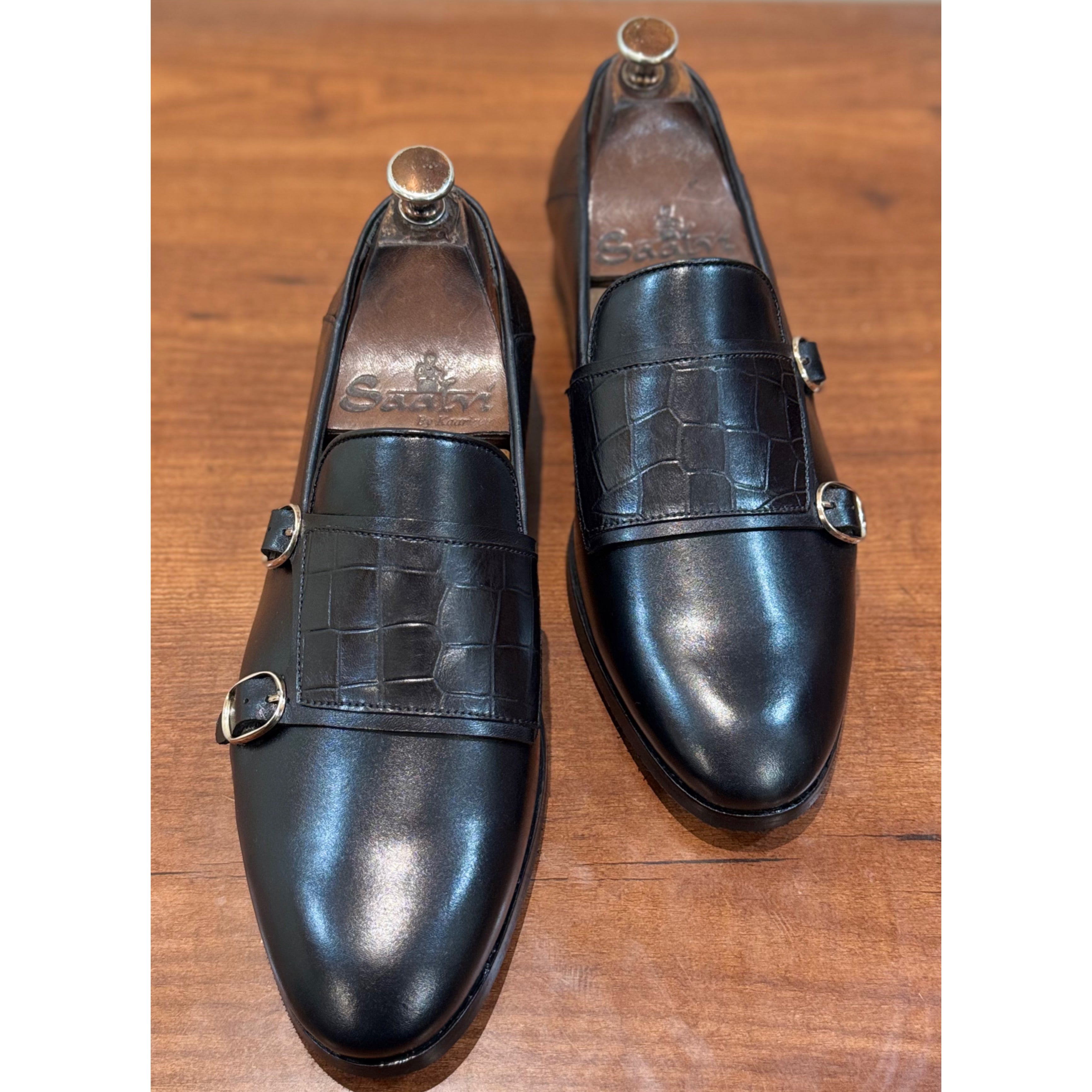 Black Double Monk Strap Loafers