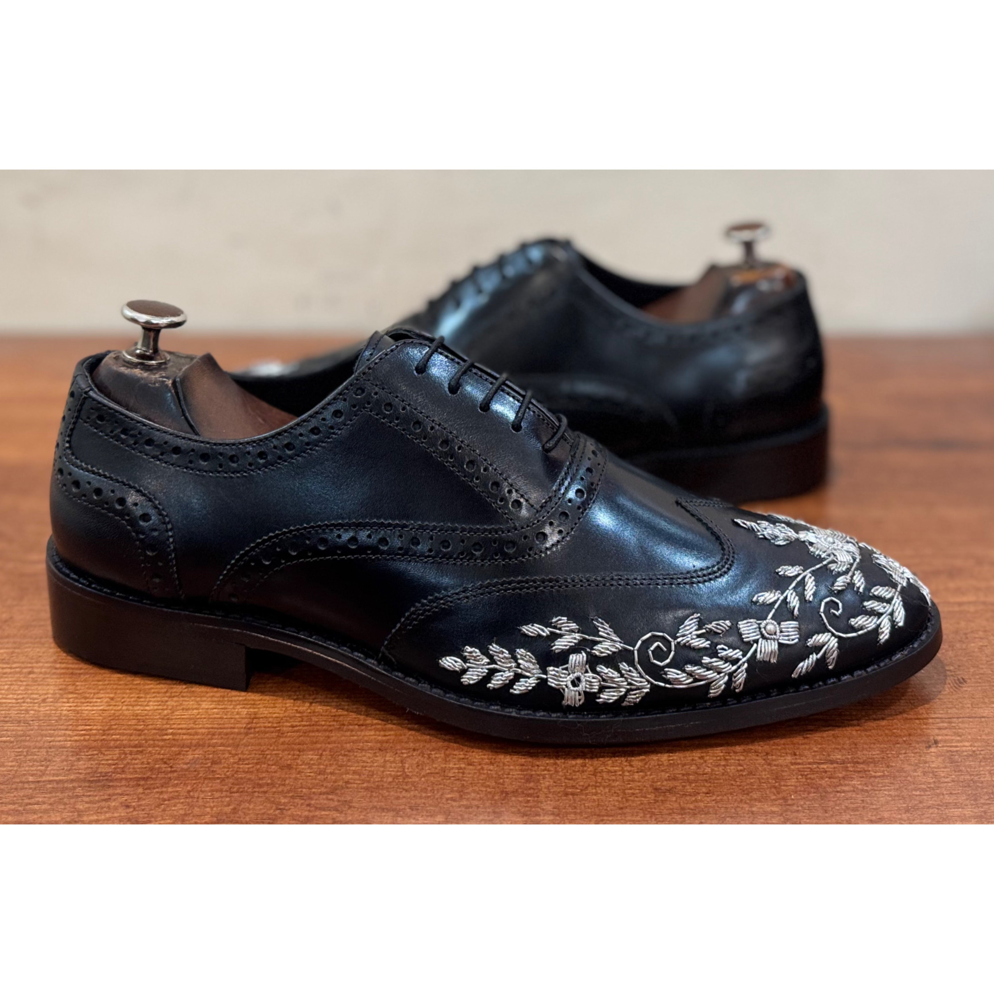 Silver Zardosi Wingtip Black Lace Ups