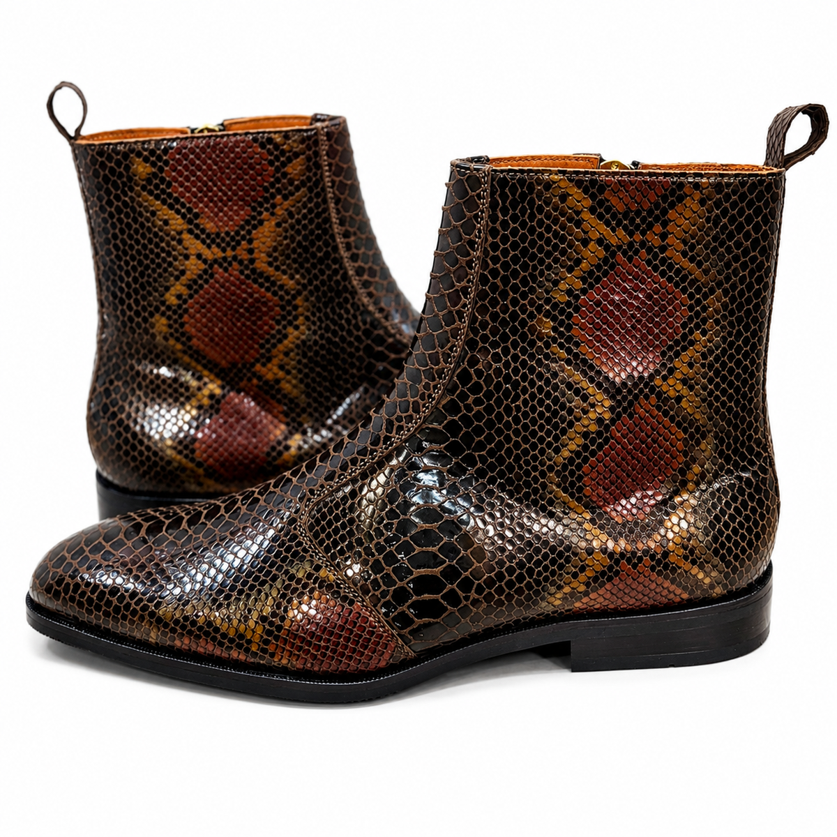 Cognac Serpentine Foil Leather Ankle Boots