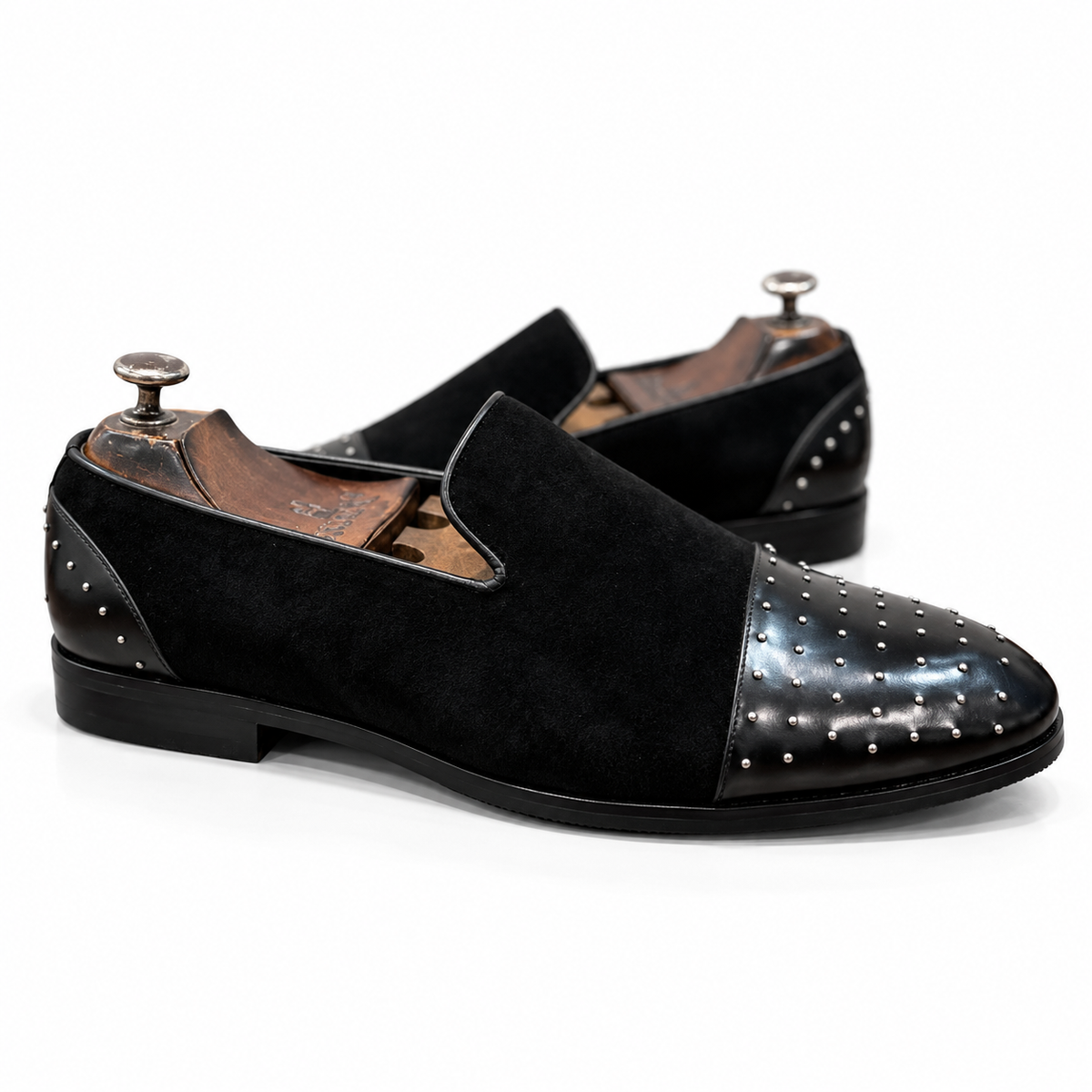Saalvi Obsidian Noir Studded Suede Loafers