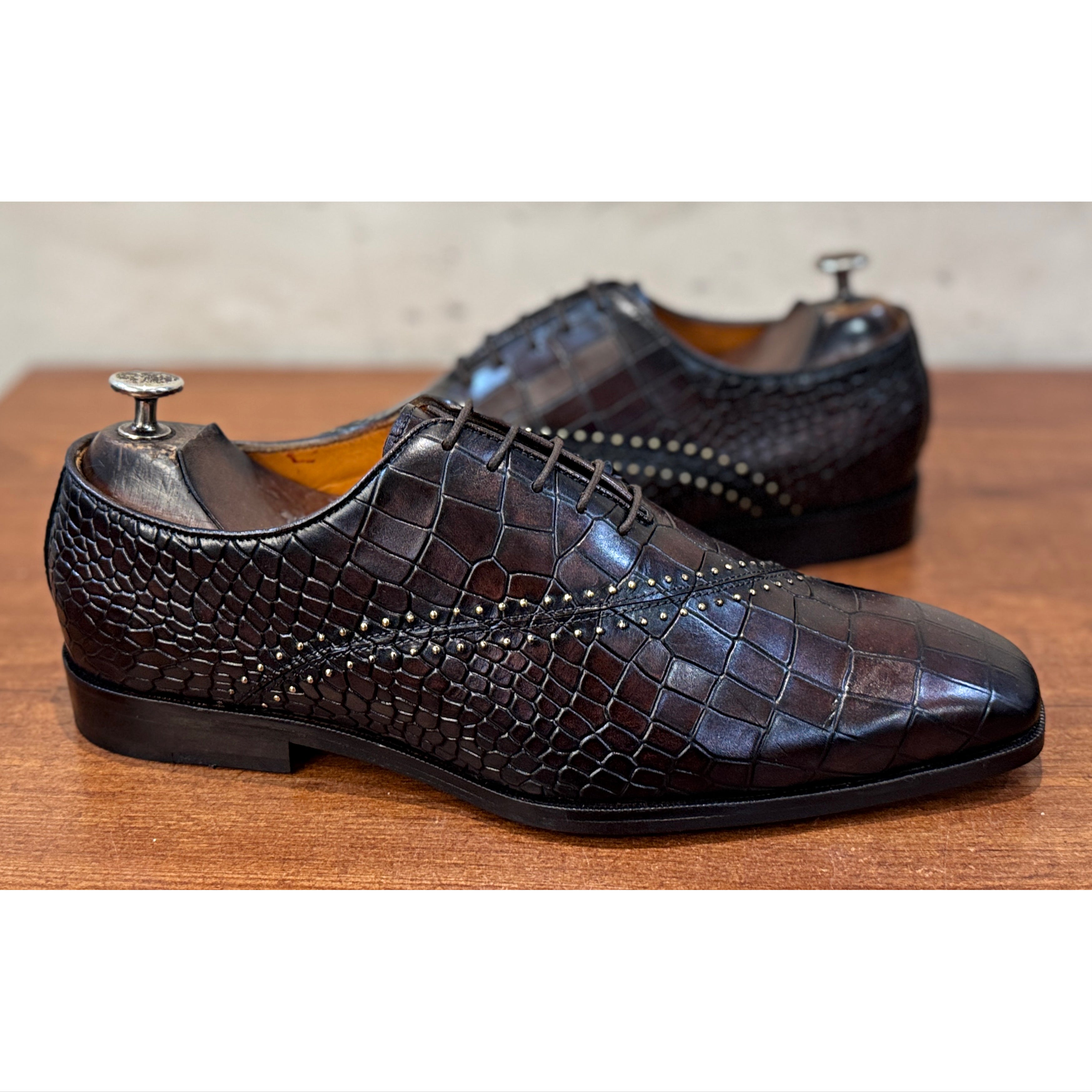Men’s Luxury Croc-Embossed Leather Oxford Shoes – Handcrafted Dark Brown Formal Dress Shoes