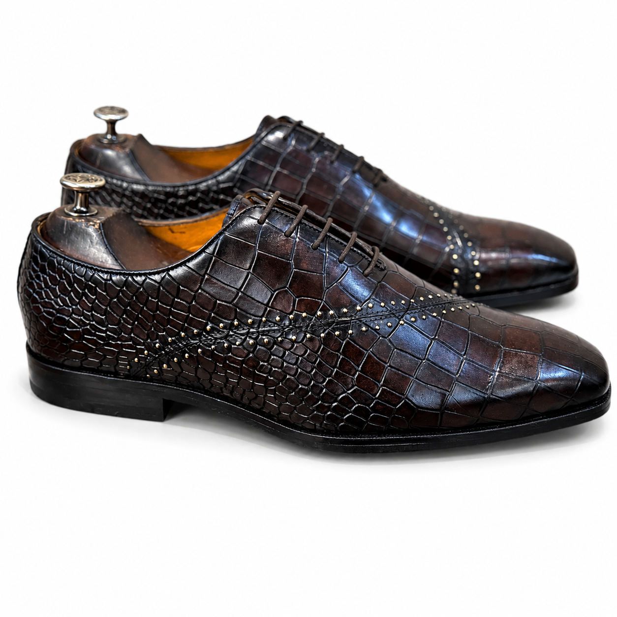Men’s Luxury Croc-Embossed Leather Oxford Shoes – Handcrafted Dark Brown Formal Dress Shoes