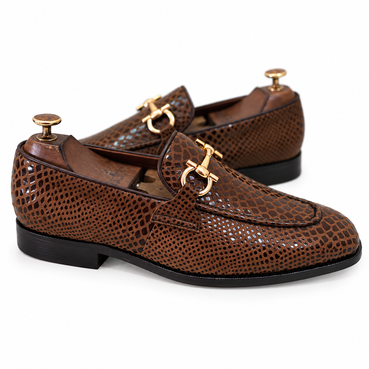Cavaro Brown Snake Foil Horsebit Loafers