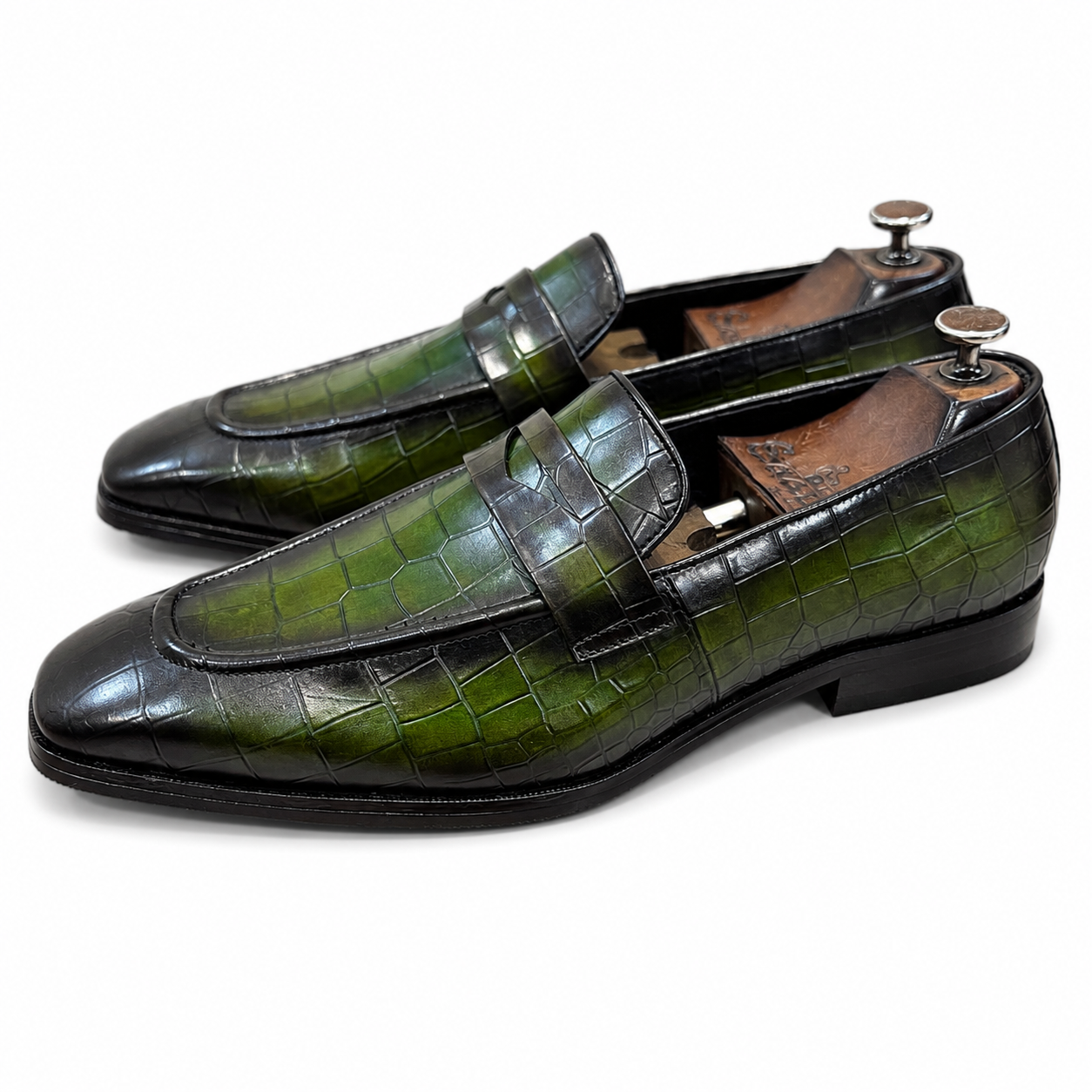 Green Hand Patina Penny Loafers