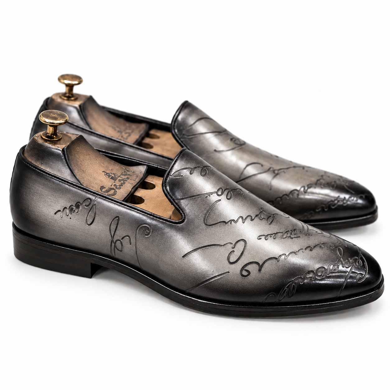 Saalvi Noir Artisan Script Leather Loafers