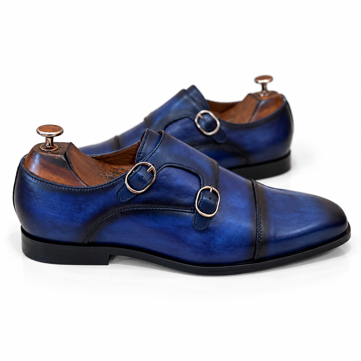 Cobalt Sovereign – Midnight Blue Hand-Patina Double Monk Strap
