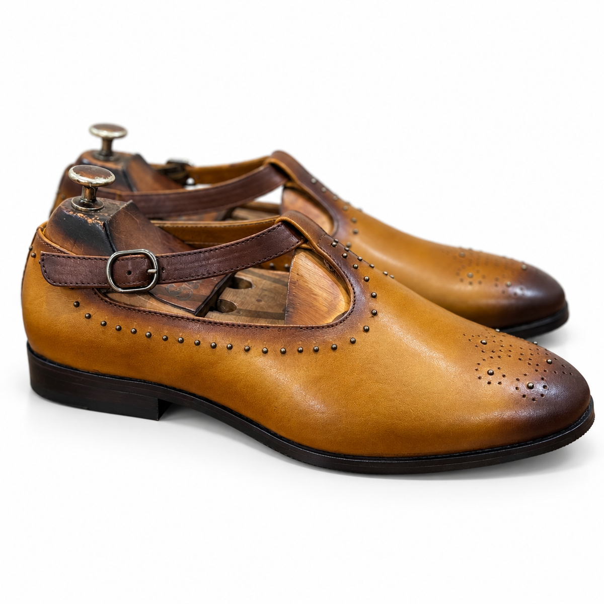 Cognac Studded T-Bar Sandals