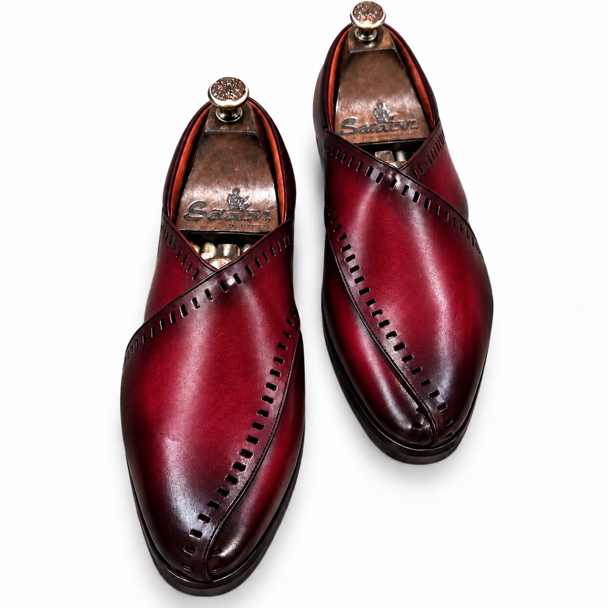 Crimson Nawab — Burgundy Hand-Patina Cut-Out Peshawari