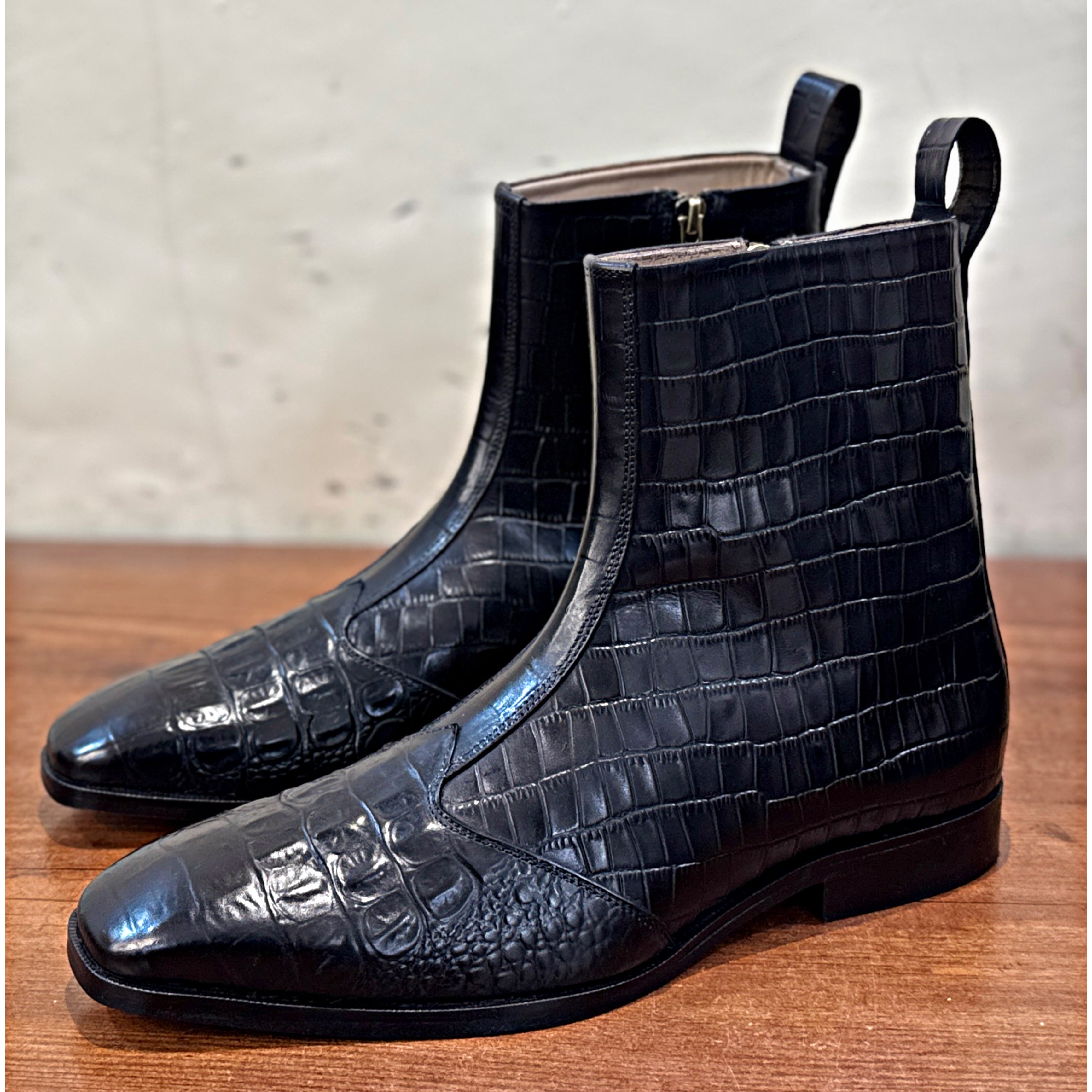 Obsidian Croc Zip Boots – Luxury Black Embossed Ankle Boots