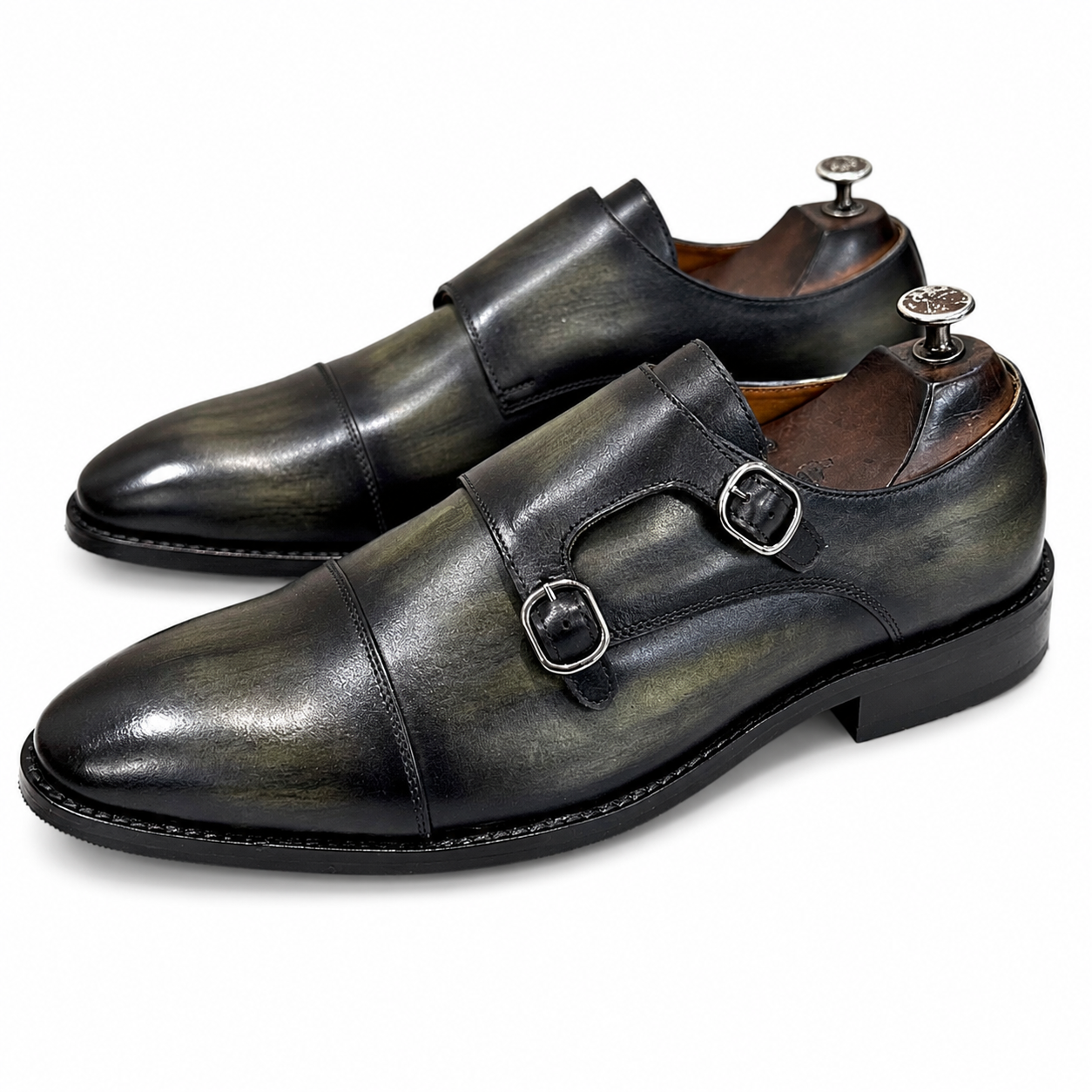 Green Leather Toe Cap Double Monk Straps