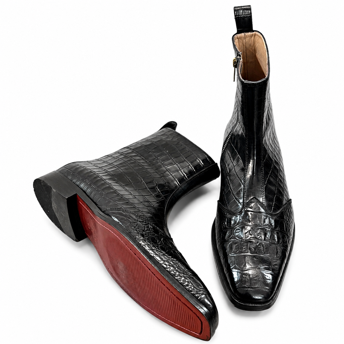 Obsidian Croc Zip Boots – Luxury Black Embossed Ankle Boots