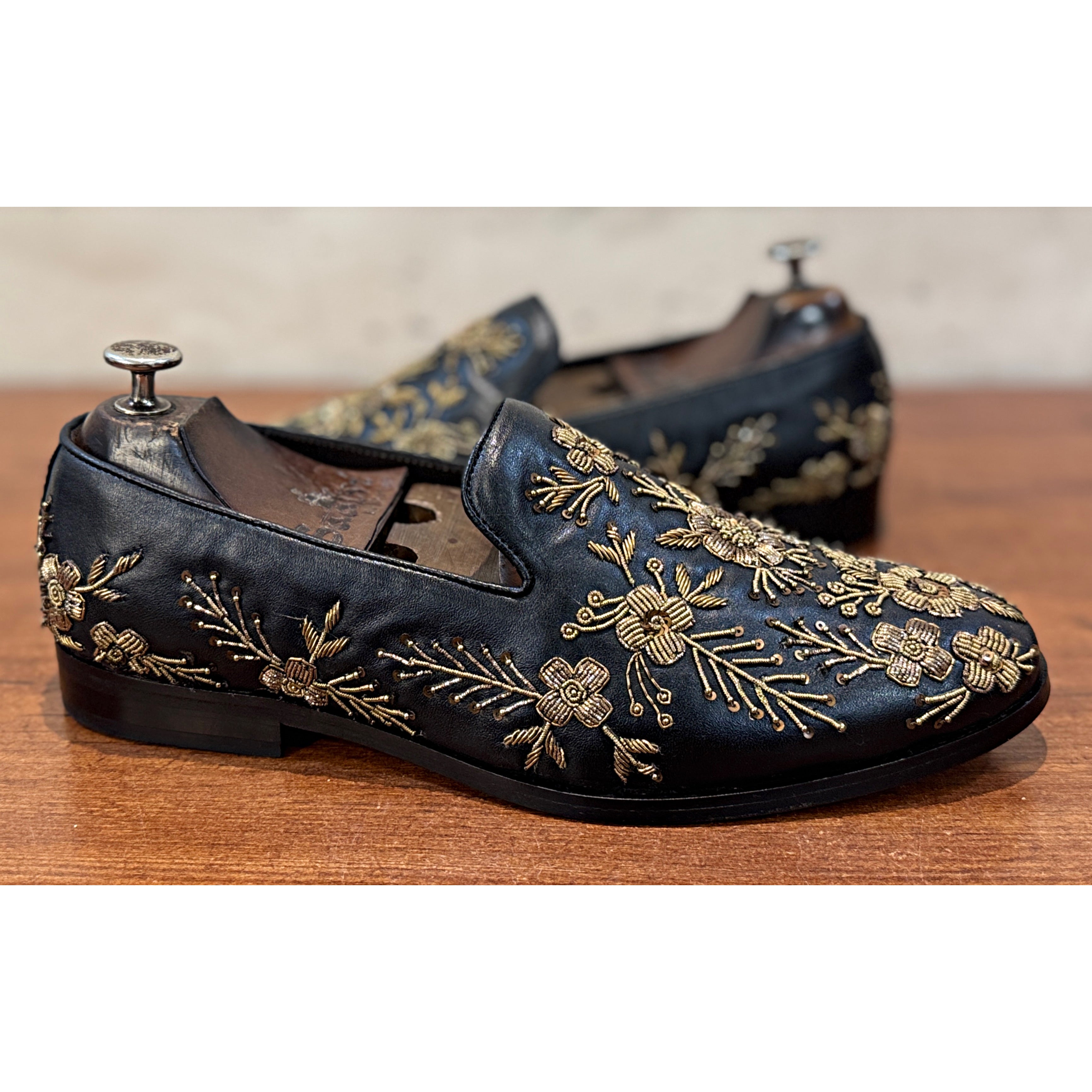Royal Noir Gold Embroidered Loafers